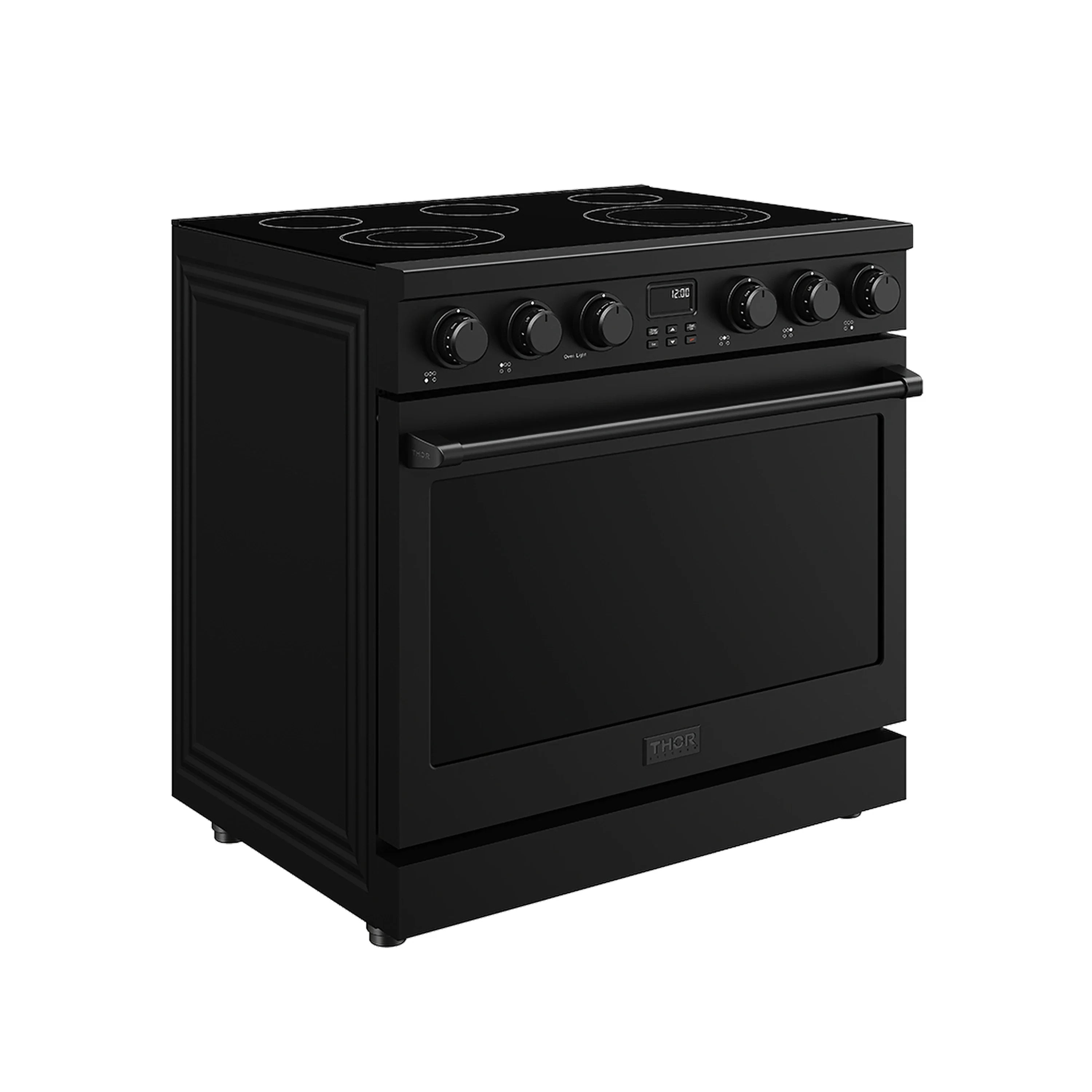 Black electric range with front control knobs and oven door window