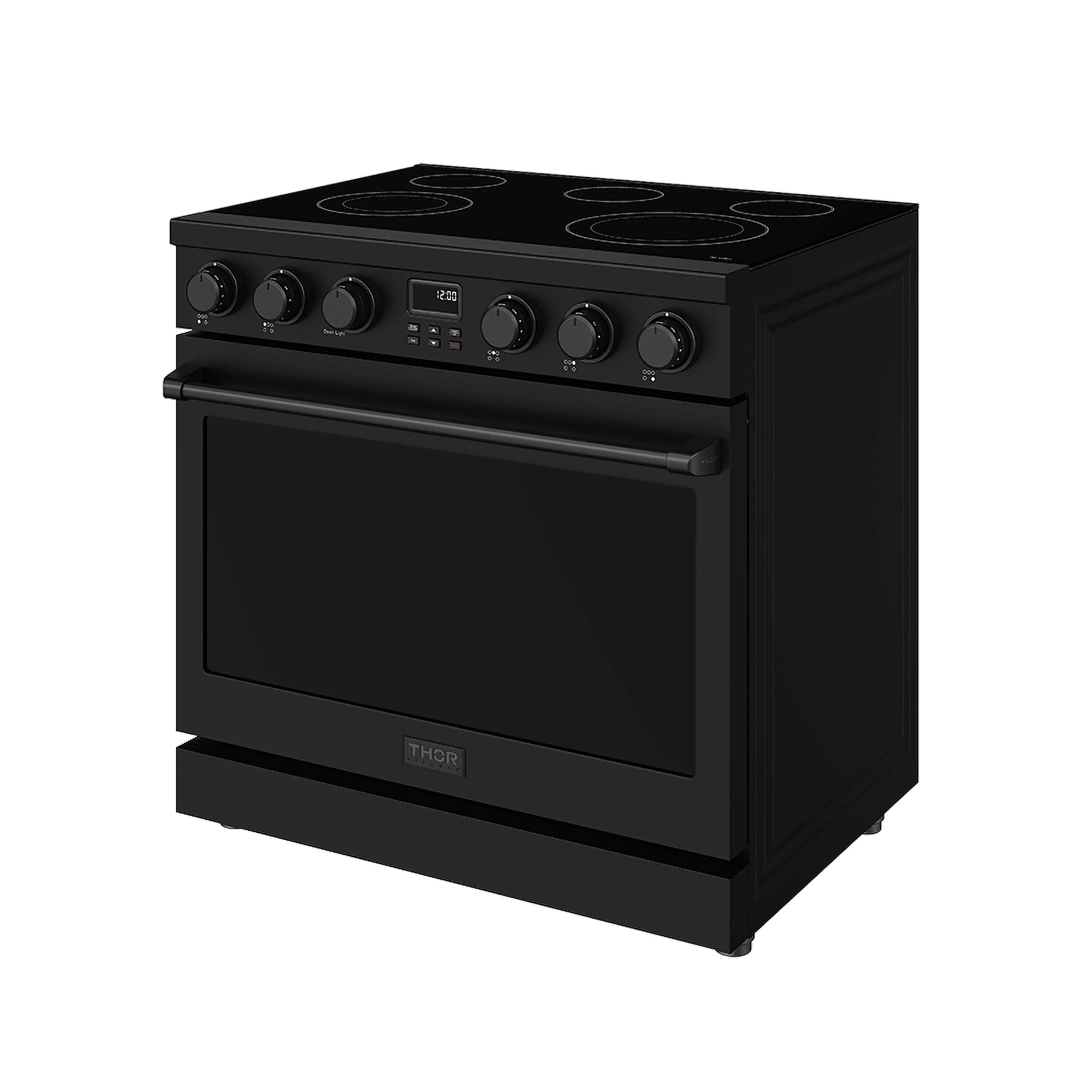 Black electric range with side styling, front knobs, and oven door window