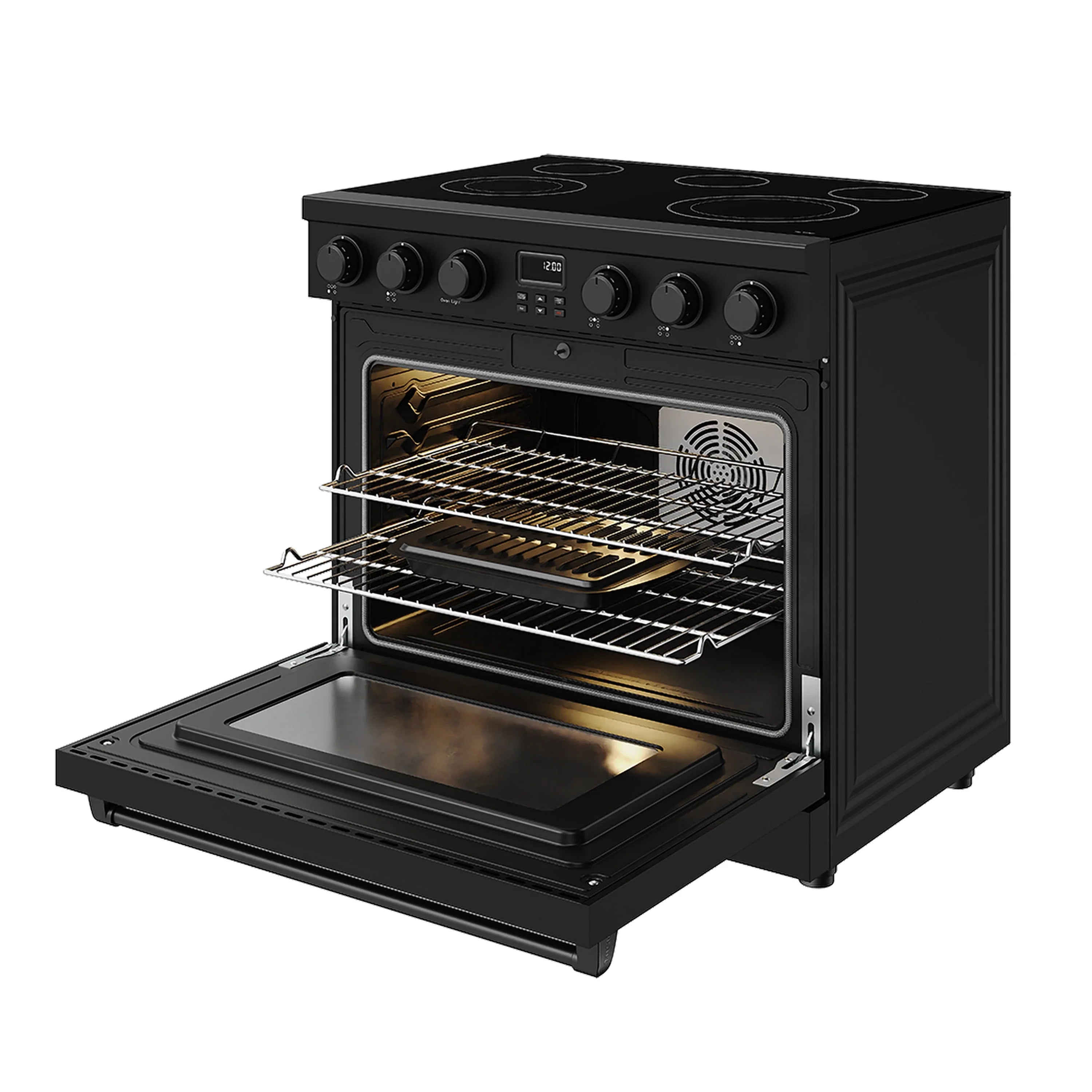 Black electric range with oven door open showing racks and heating interior