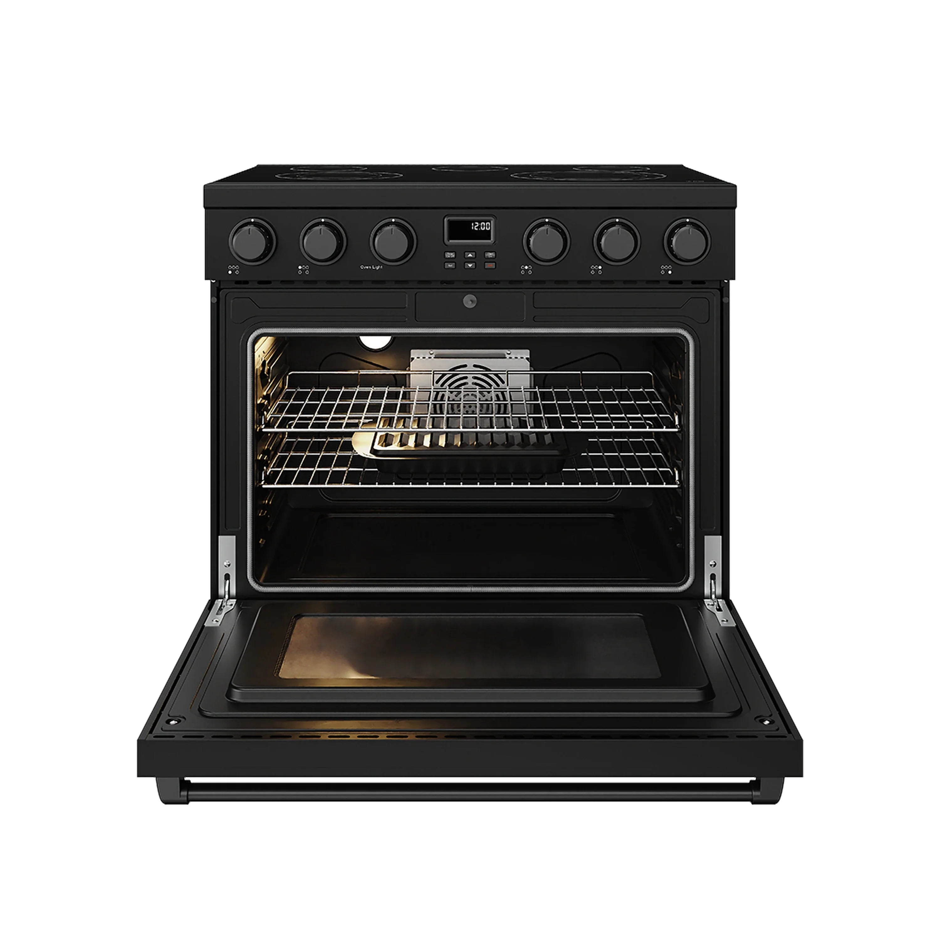 Black electric range with open oven door showing wire racks and heating chamber