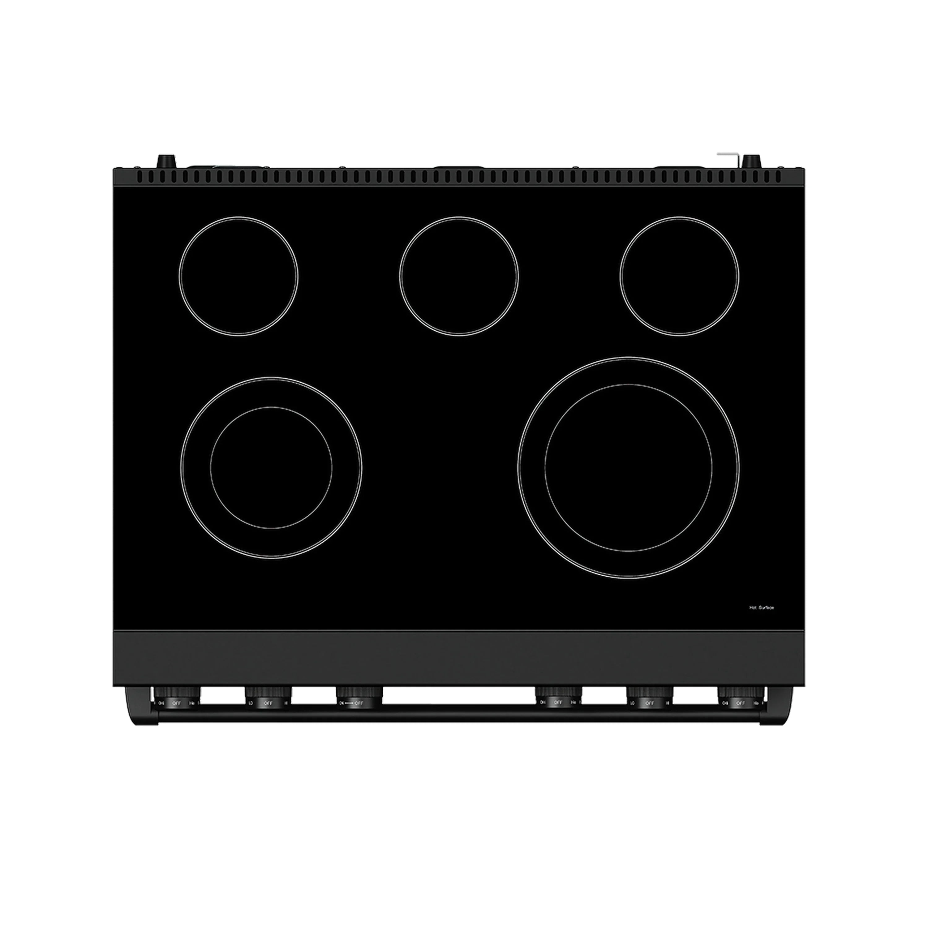 Black electric range cooktop with five circular heating elements