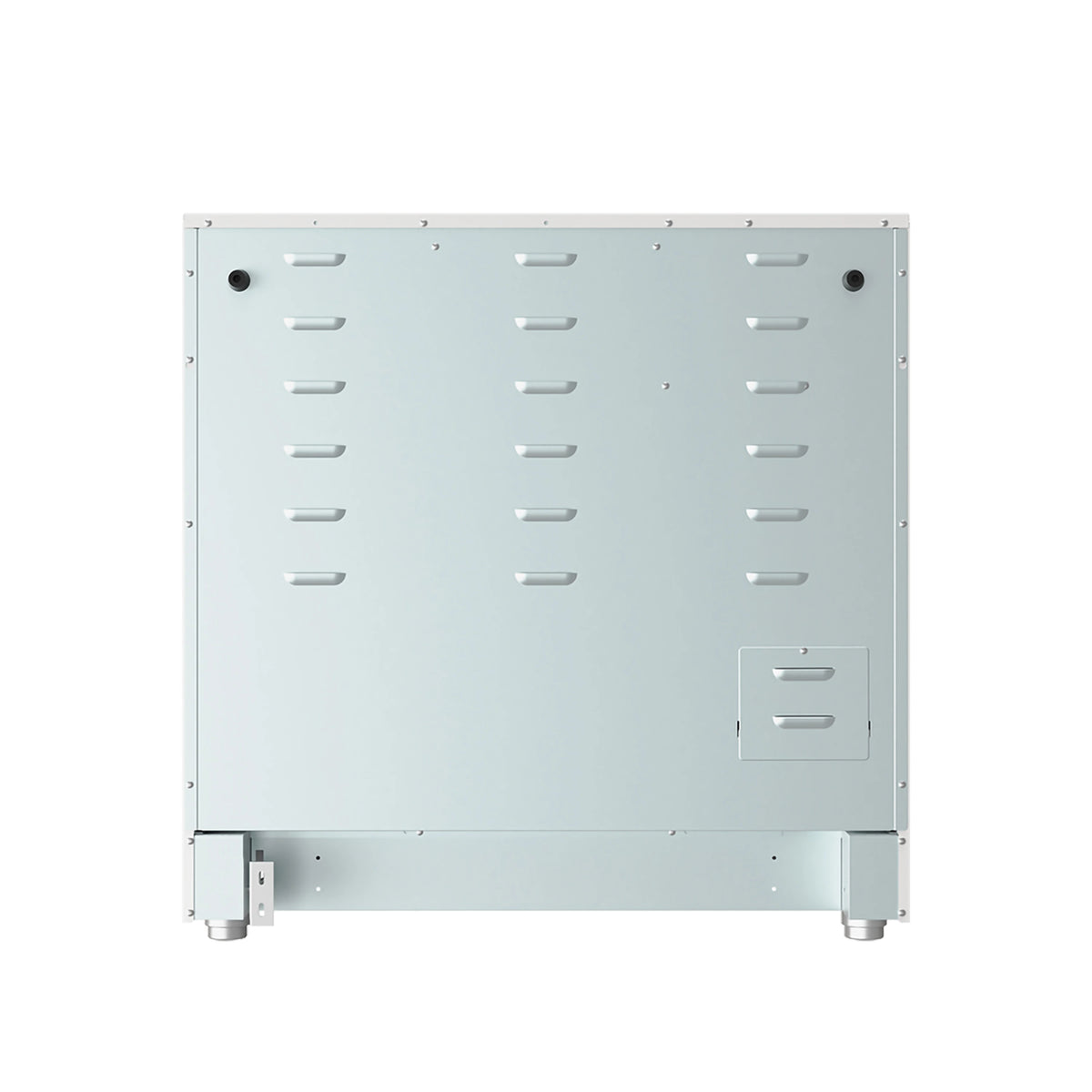 White electric range back panel with mounting feet and vented cover