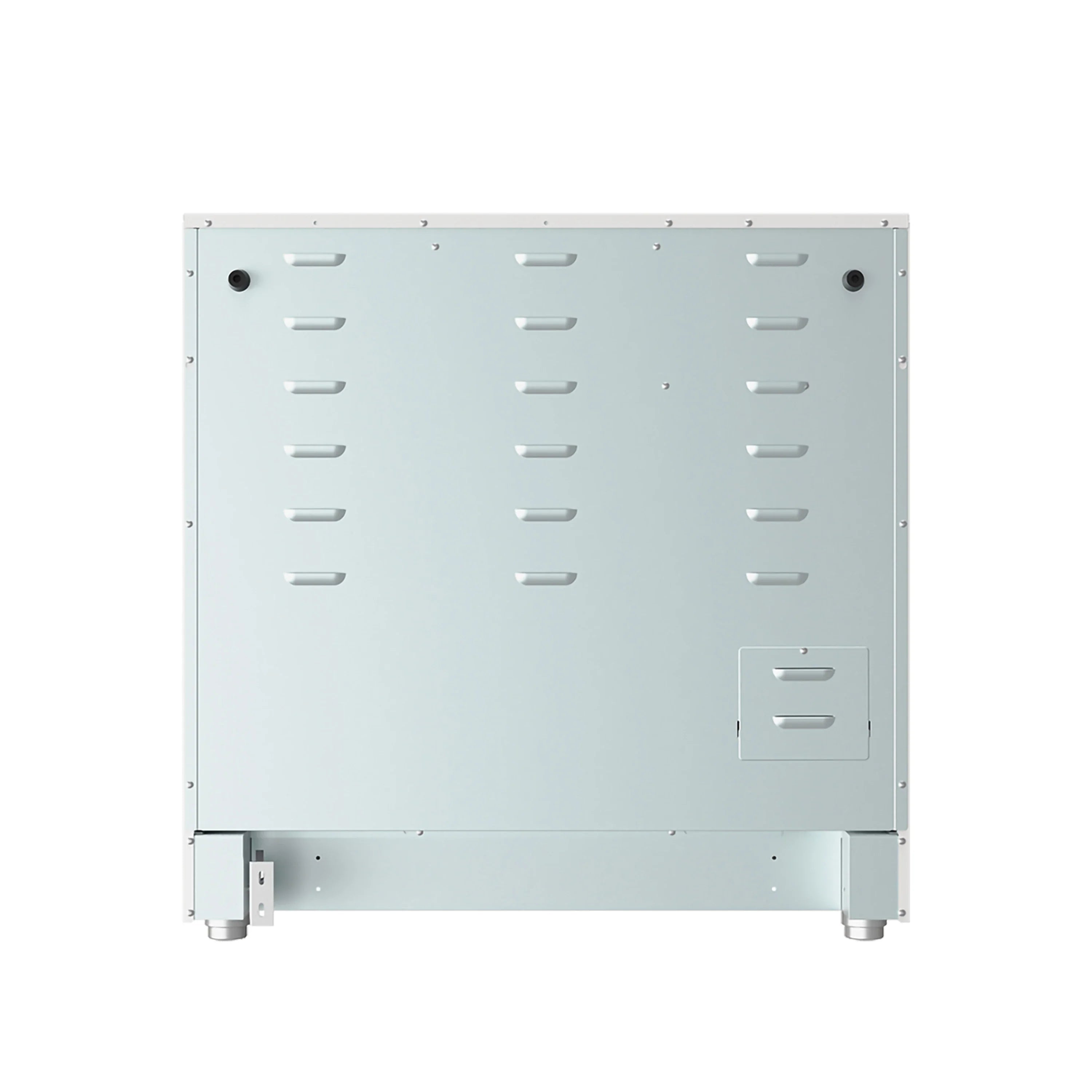 White electric range rear panel with ventilation slots and leveling feet