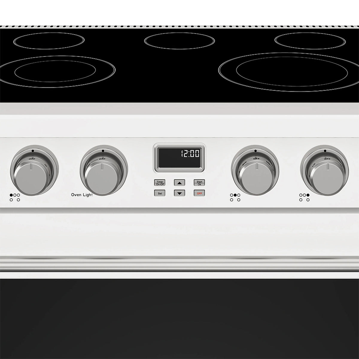 White electric range control panel with digital display, gray knobs, and oven light control