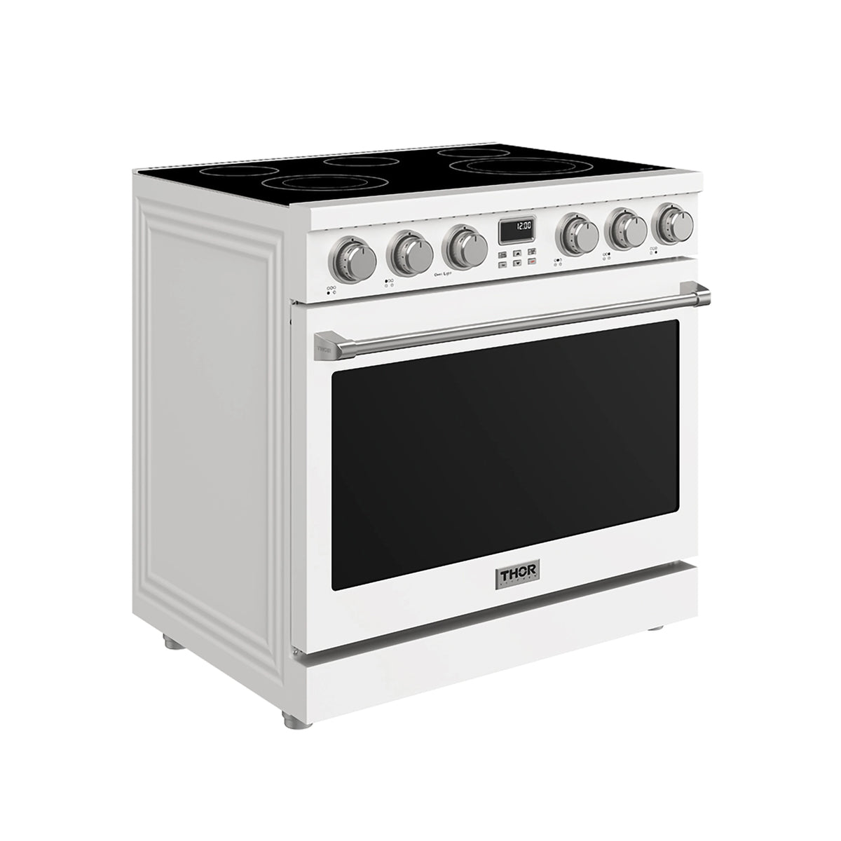 White electric range with black cooktop, oven door window, and brushed metal handle