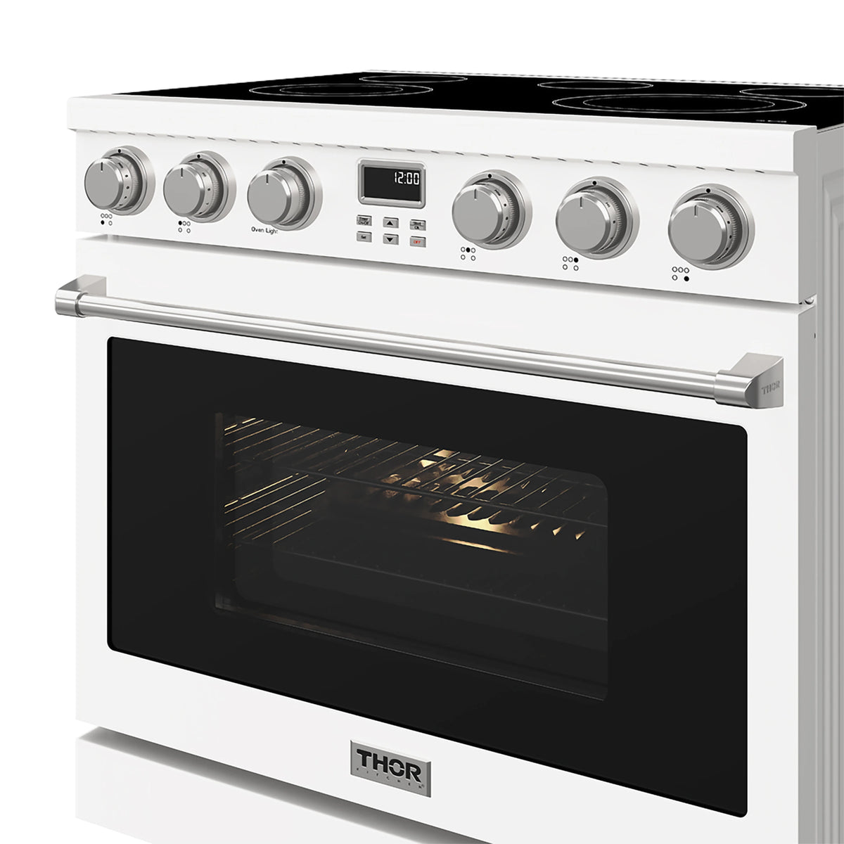 White electric range front with black oven door window, control knobs, and digital time