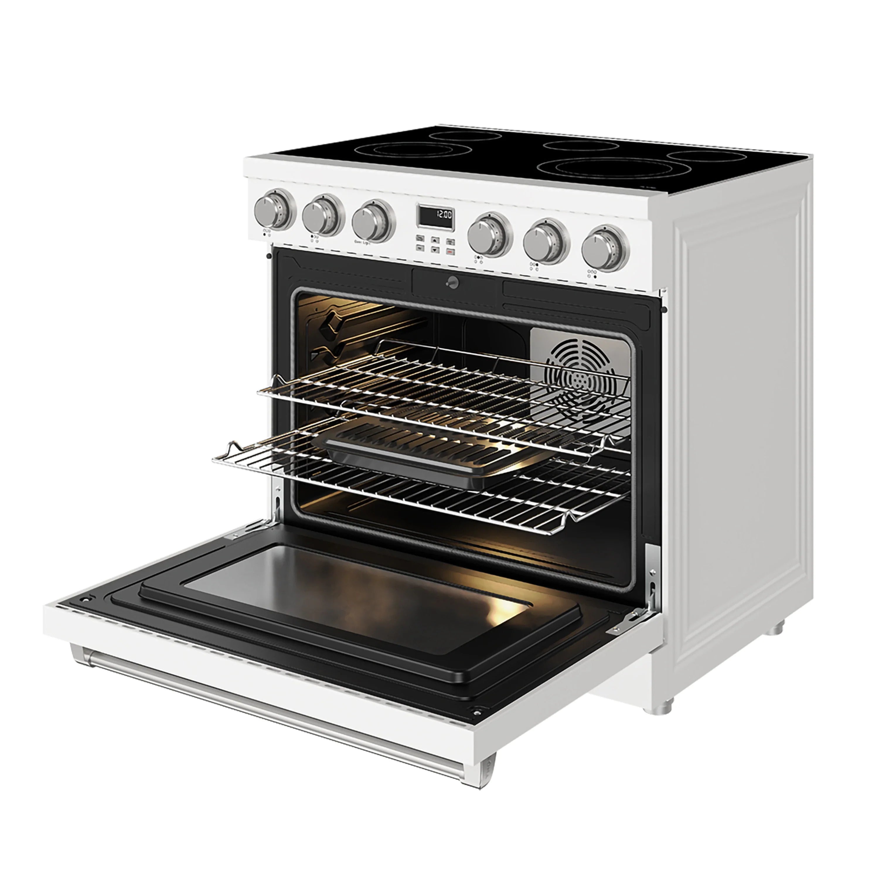 White electric range with open oven door, wire racks, and black glass cooktop