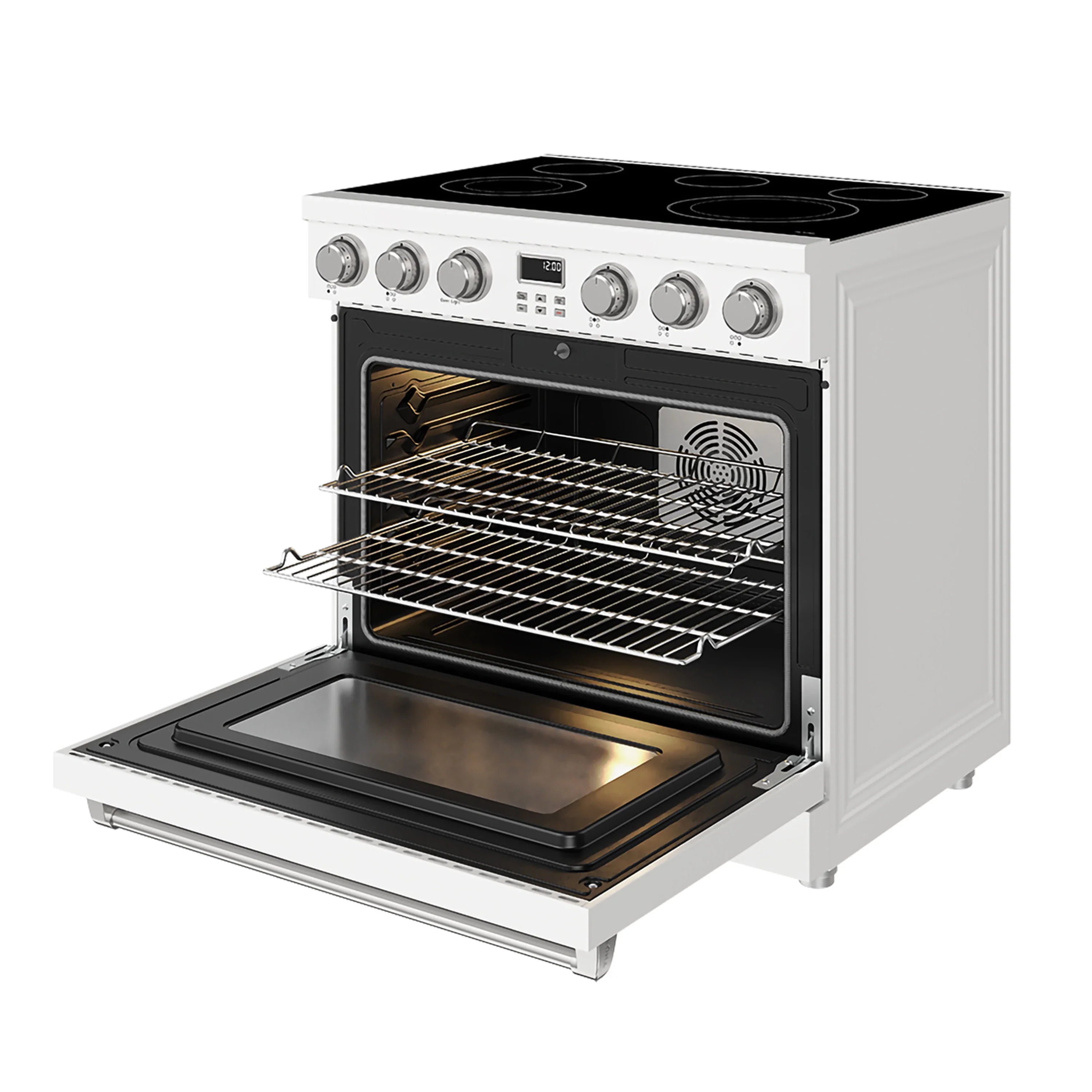 White electric range with black cooktop and visible oven interior, front door open