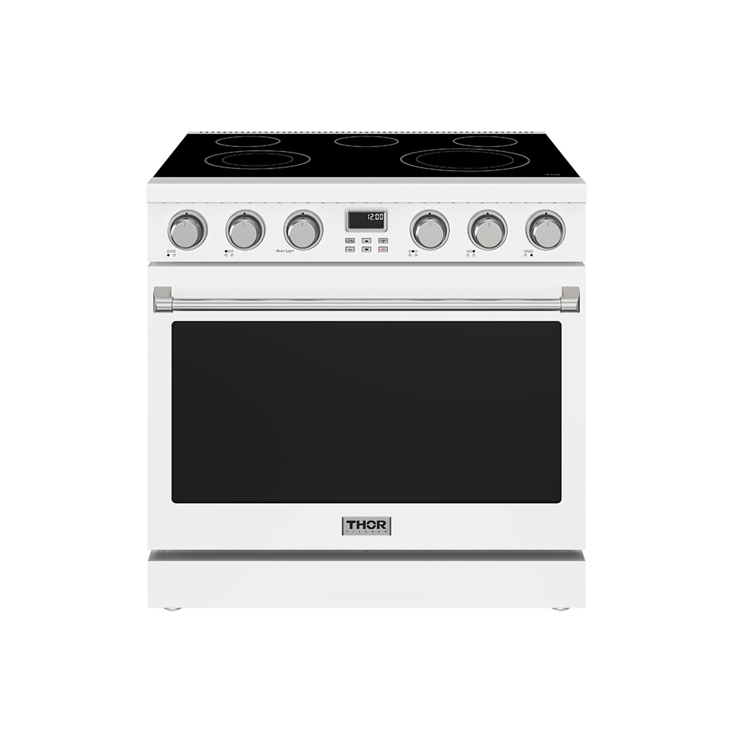 White electric range with black oven door window, cooktop, and six control knobs