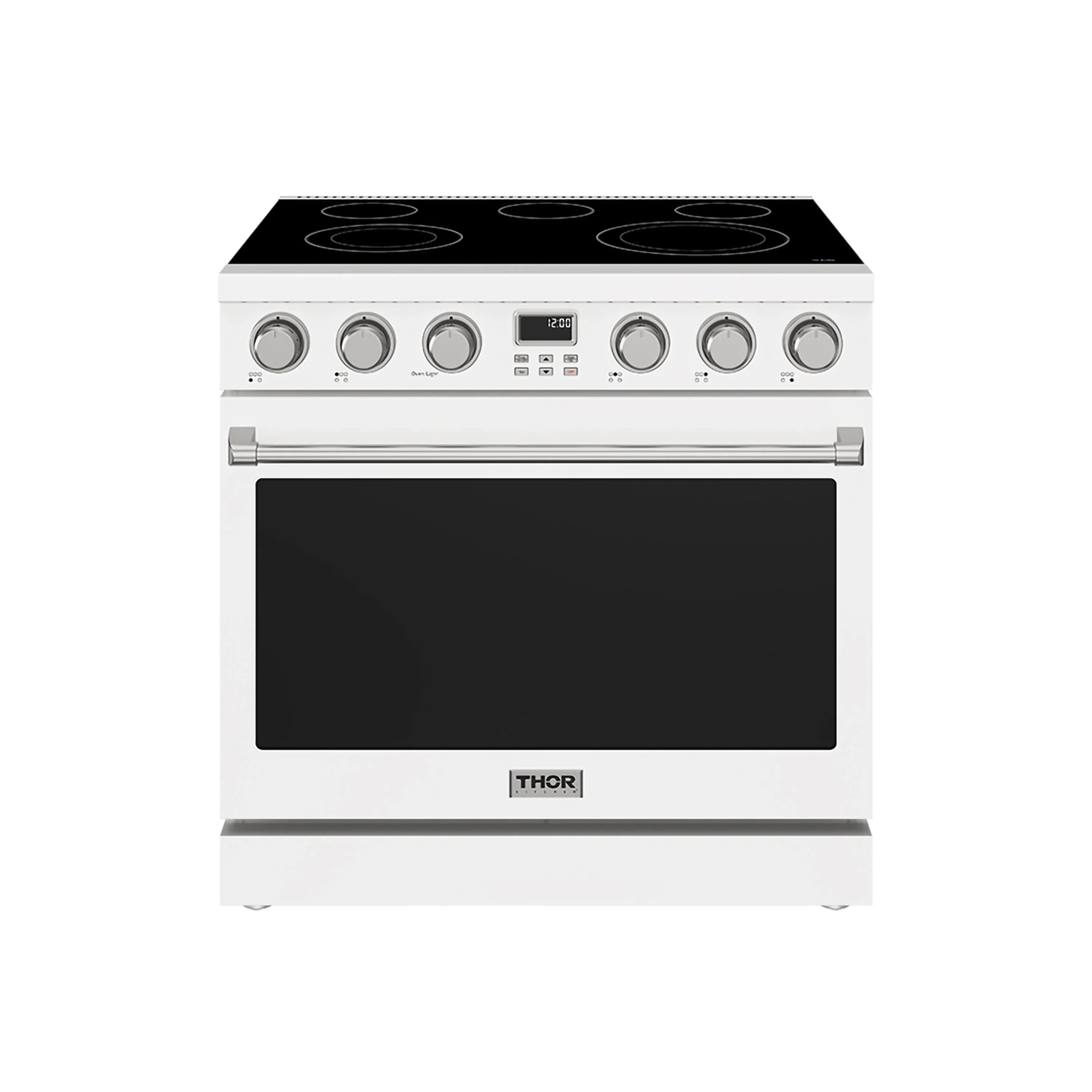 White electric range with black glass cooktop and front oven door