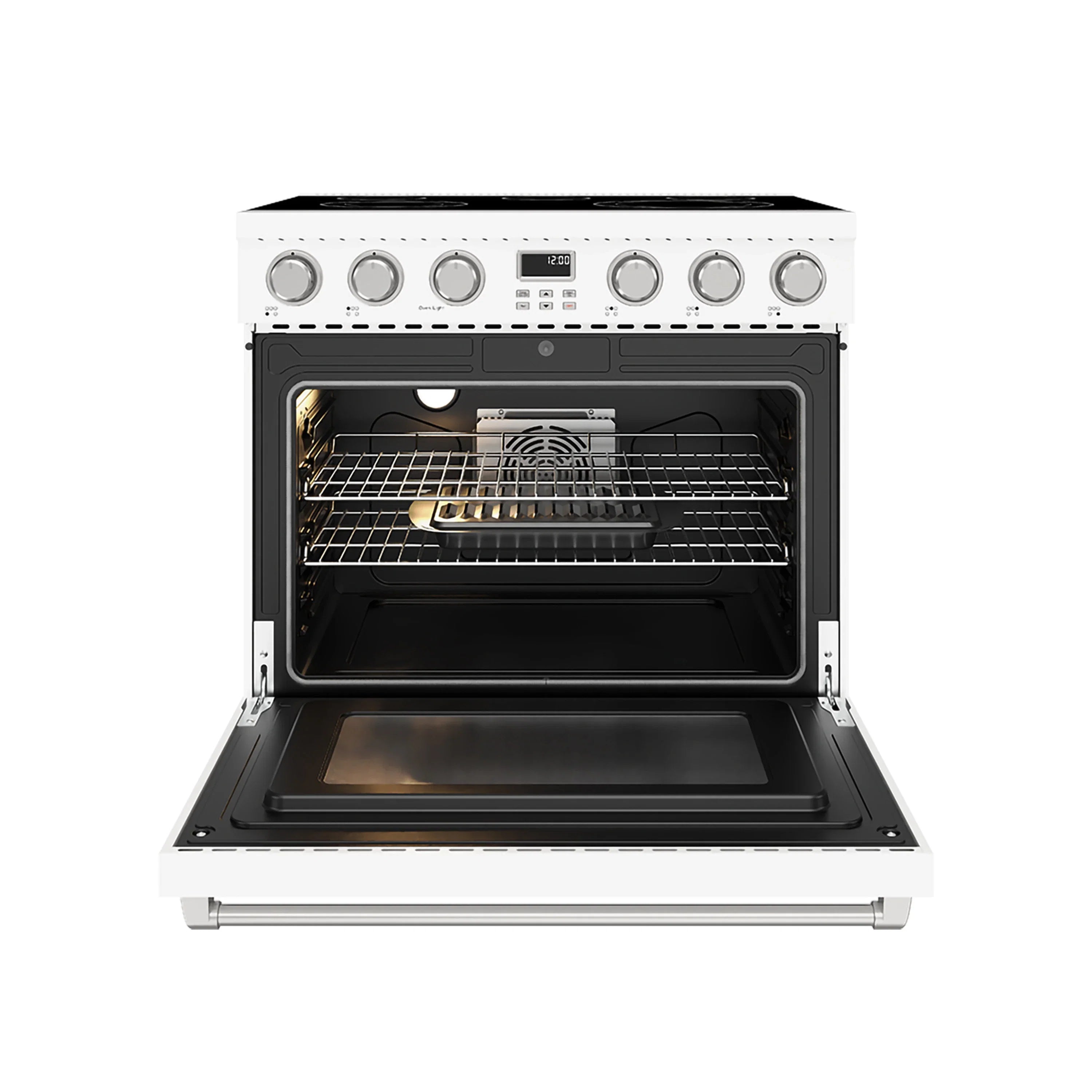 Open oven of a white Thor electric range with racks and bake tray