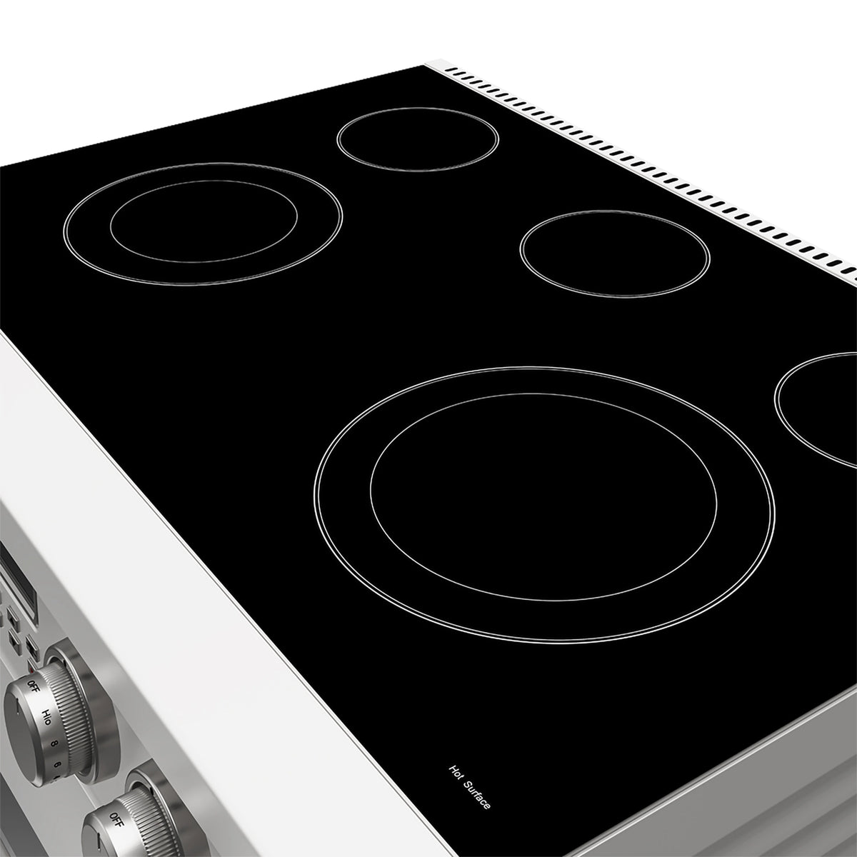 Black smooth glass cooktop with coil burner rings and white trim