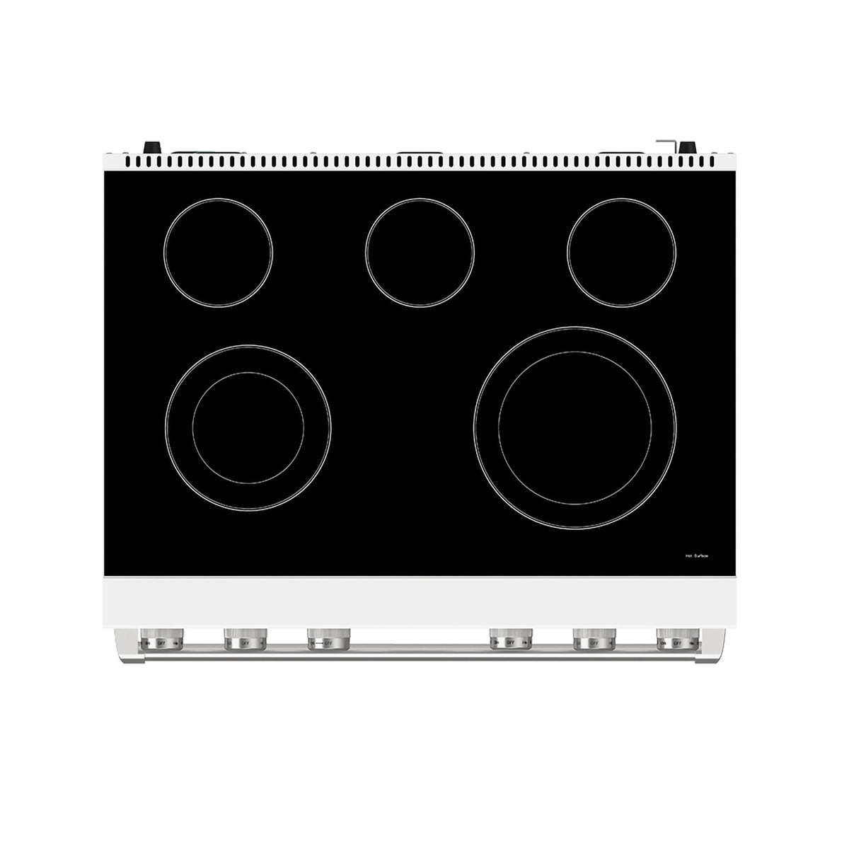Black smooth glass cooktop with five burner circles and white frame