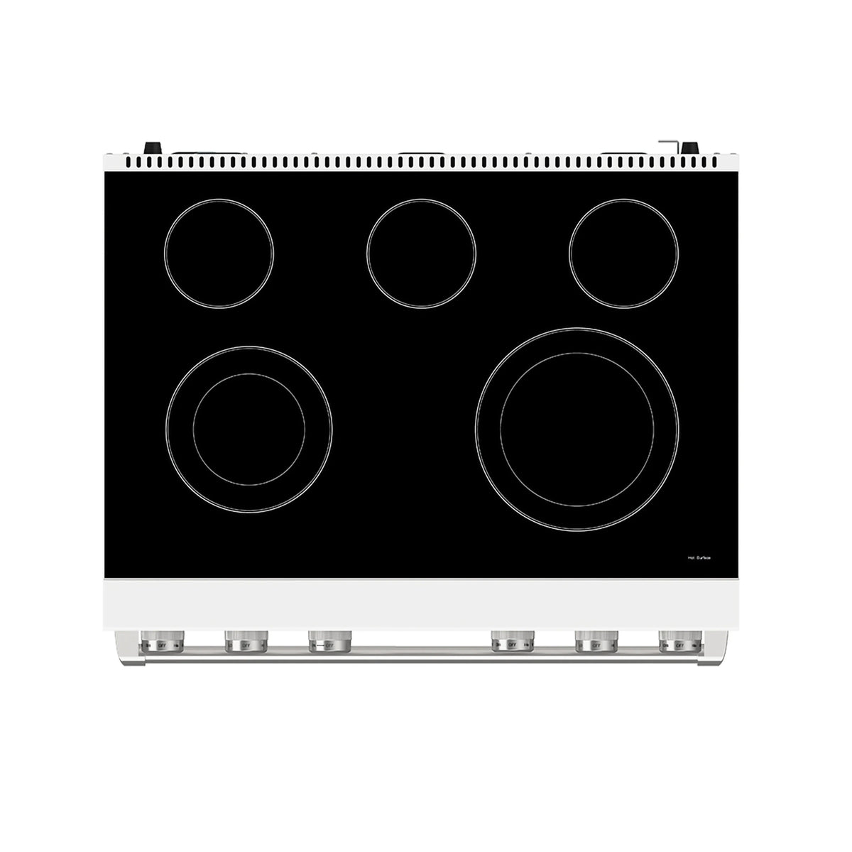 Black smooth glass cooktop with five burner circles and white frame