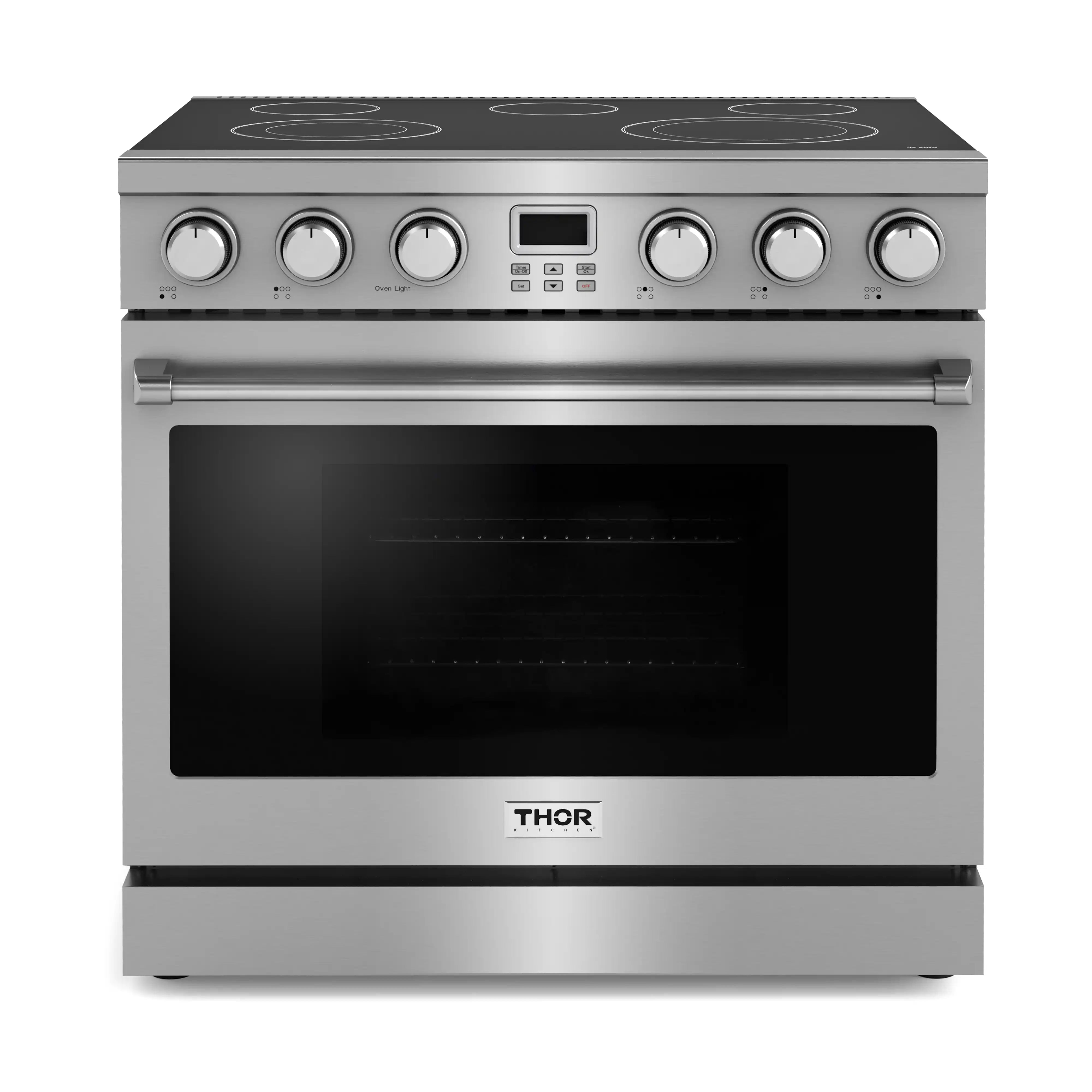 Stainless steel electric range with oven door window and control panel