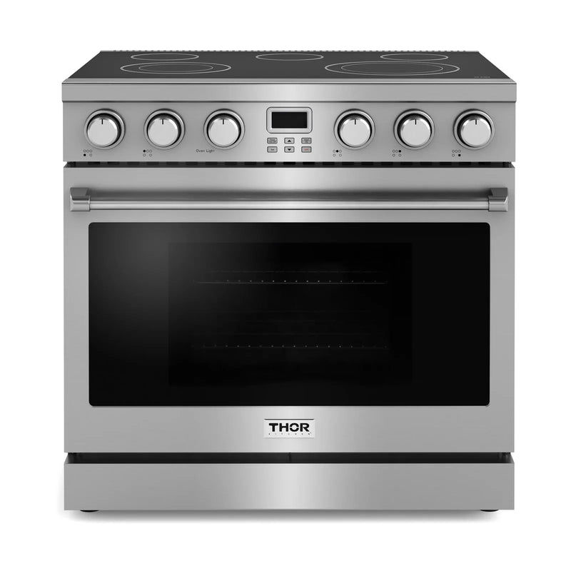 Thor Kitchen A-Series 6-Piece Appliance Package - 36-Inch Electric Range, Wall Mount Range Hood, Refrigerator with Water Dispenser, Dishwasher, Microwave, and Wine Cooler in Stainless Steel