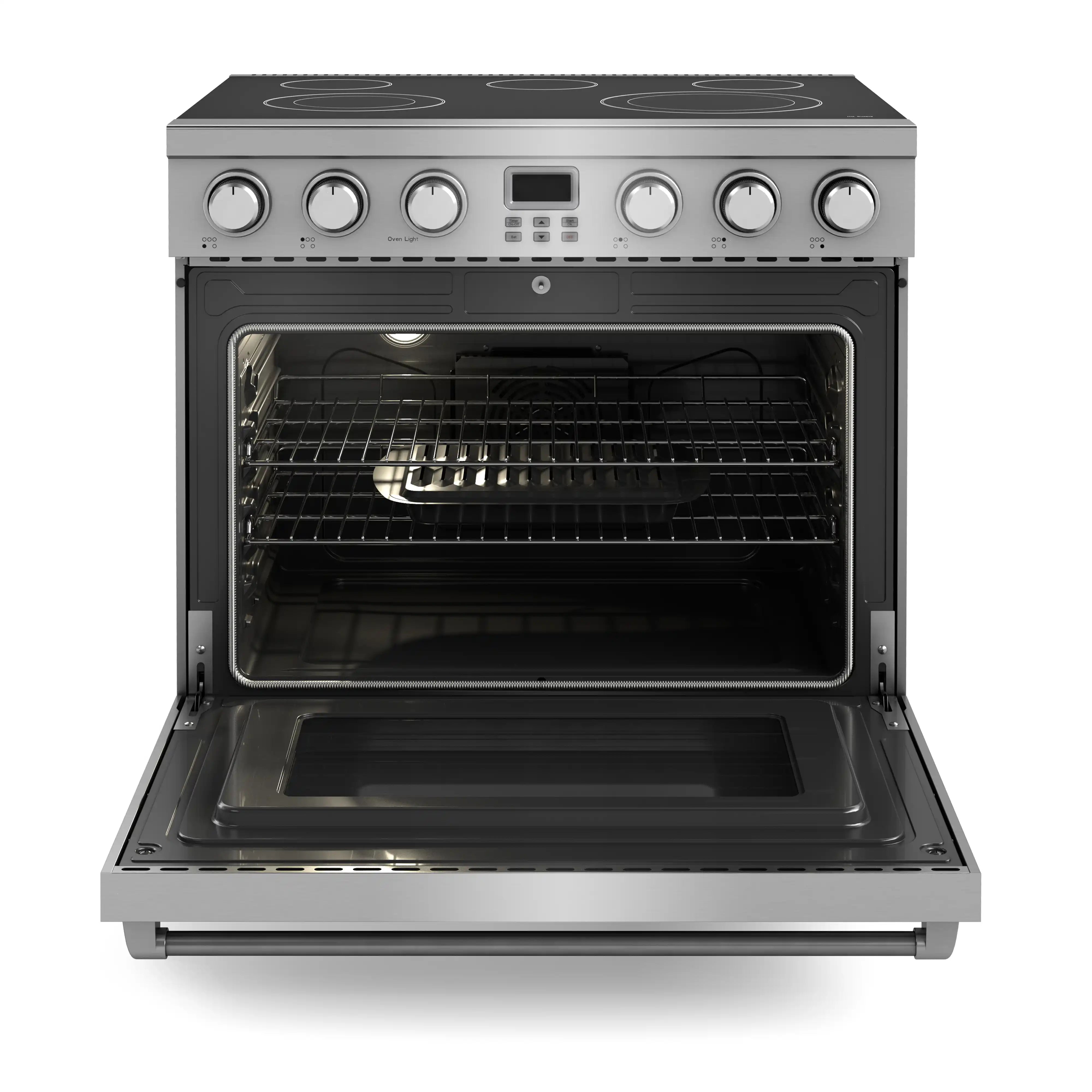 Stainless steel electric range with open oven door and wire rack inside