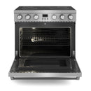 Stainless steel electric range with open oven door and wire rack inside