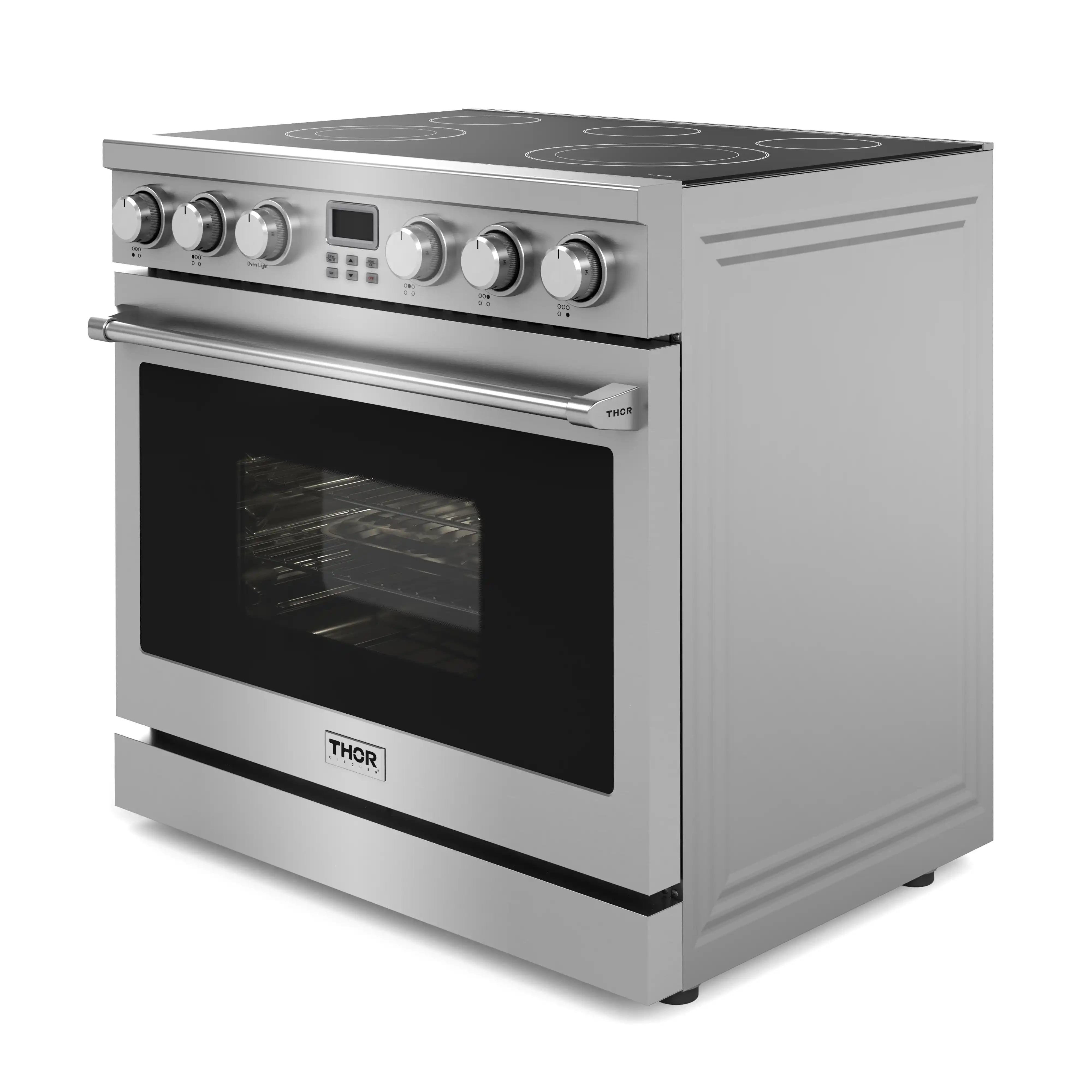 Stainless steel electric range with black oven door and front control panel