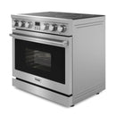 Stainless steel electric range front with knobs, display, and cooktop burner zones
