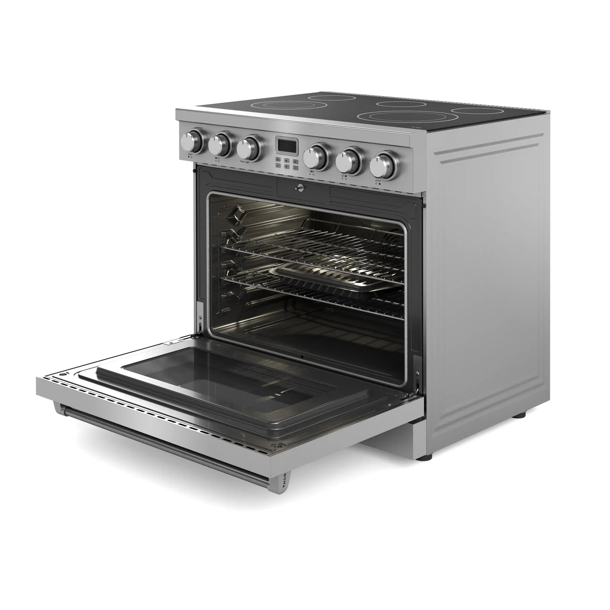 Electric range with open oven door and wire rack inside, stainless steel exterior