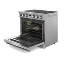 Stainless steel electric range with open oven and baking rack