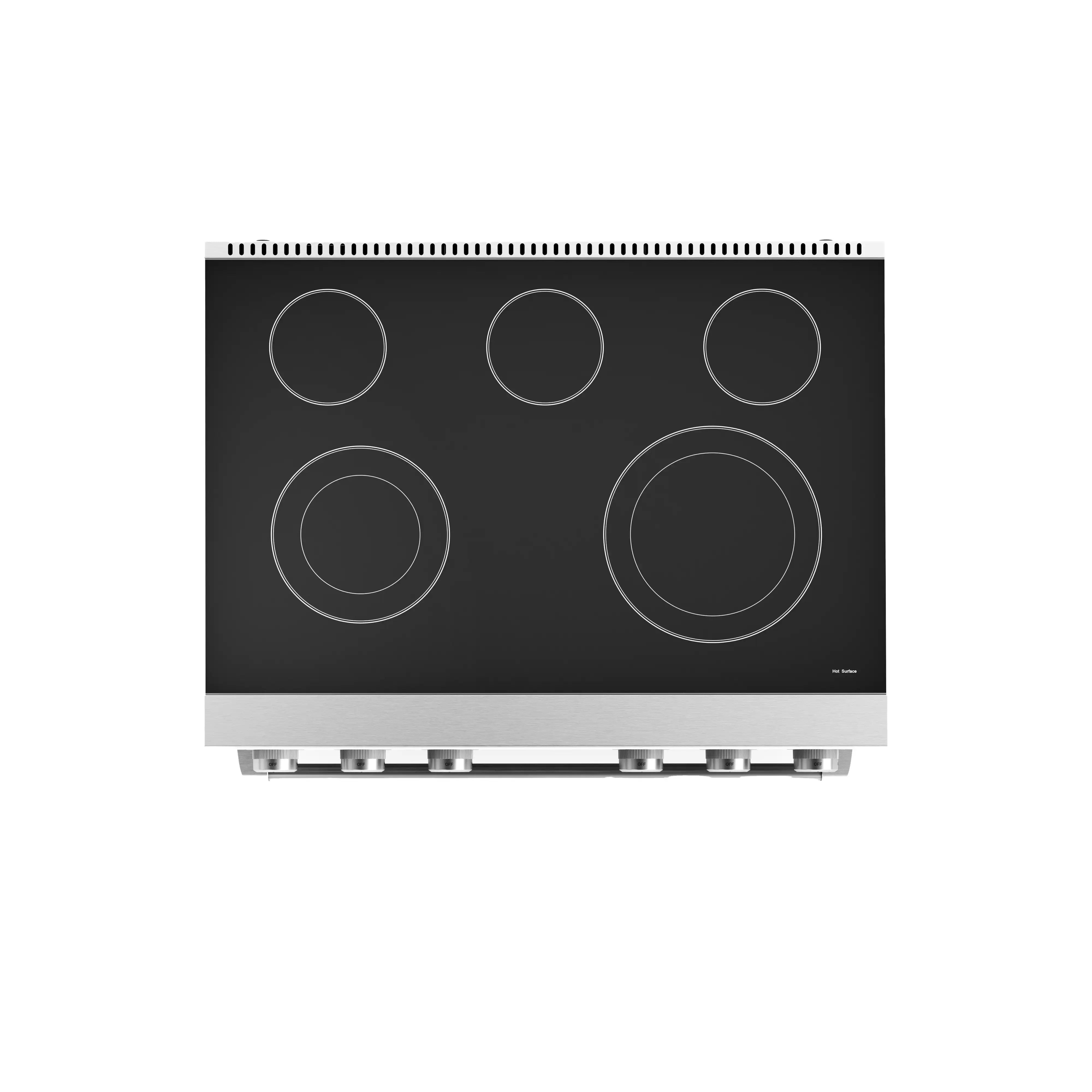 Stainless steel electric range cooktop with five round burner elements