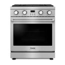 Stainless steel freestanding gas range with convection oven and control panel