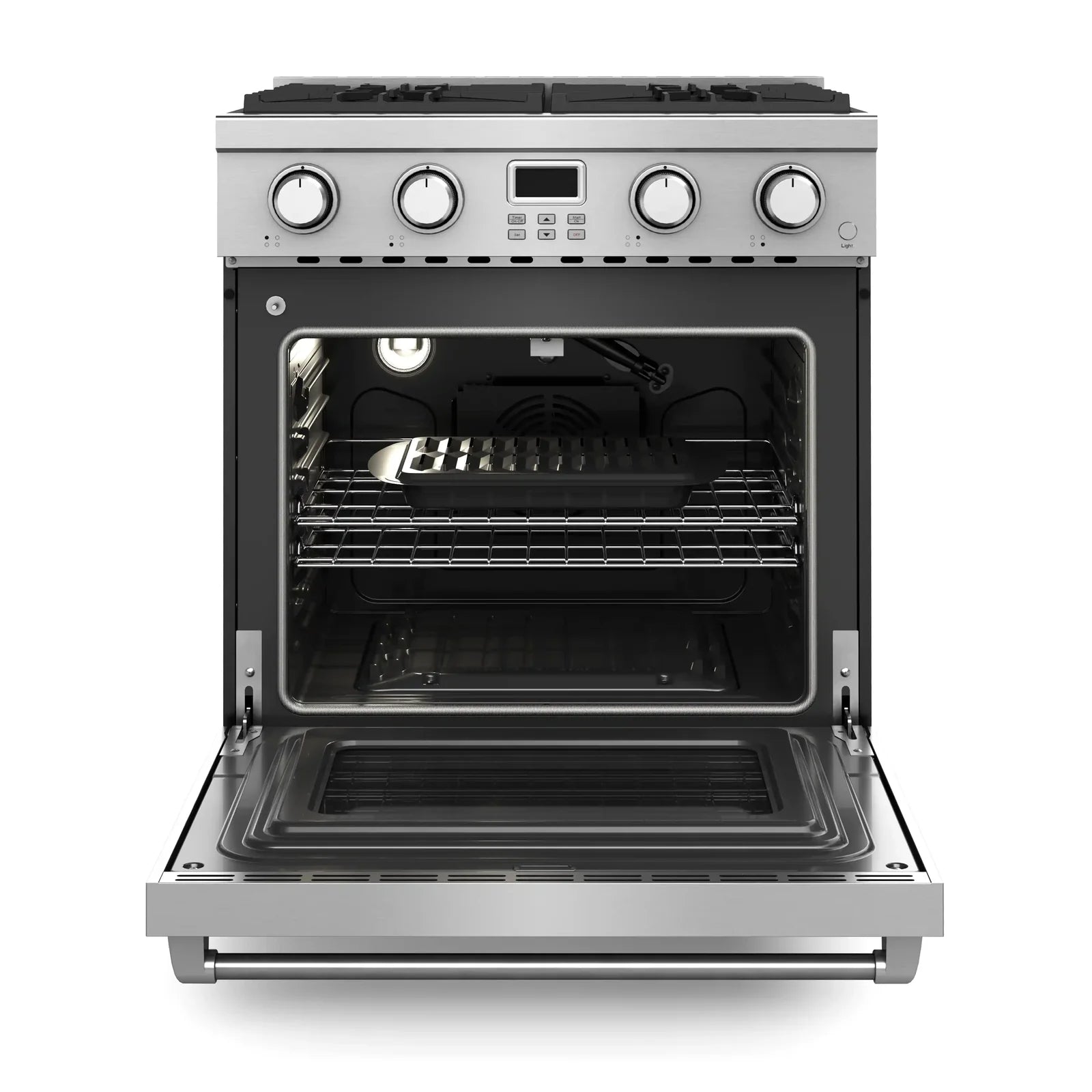 Stainless steel gas range oven door open with wire racks inside