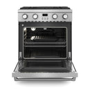 Stainless steel convection oven on a gas range with racks inside, open door