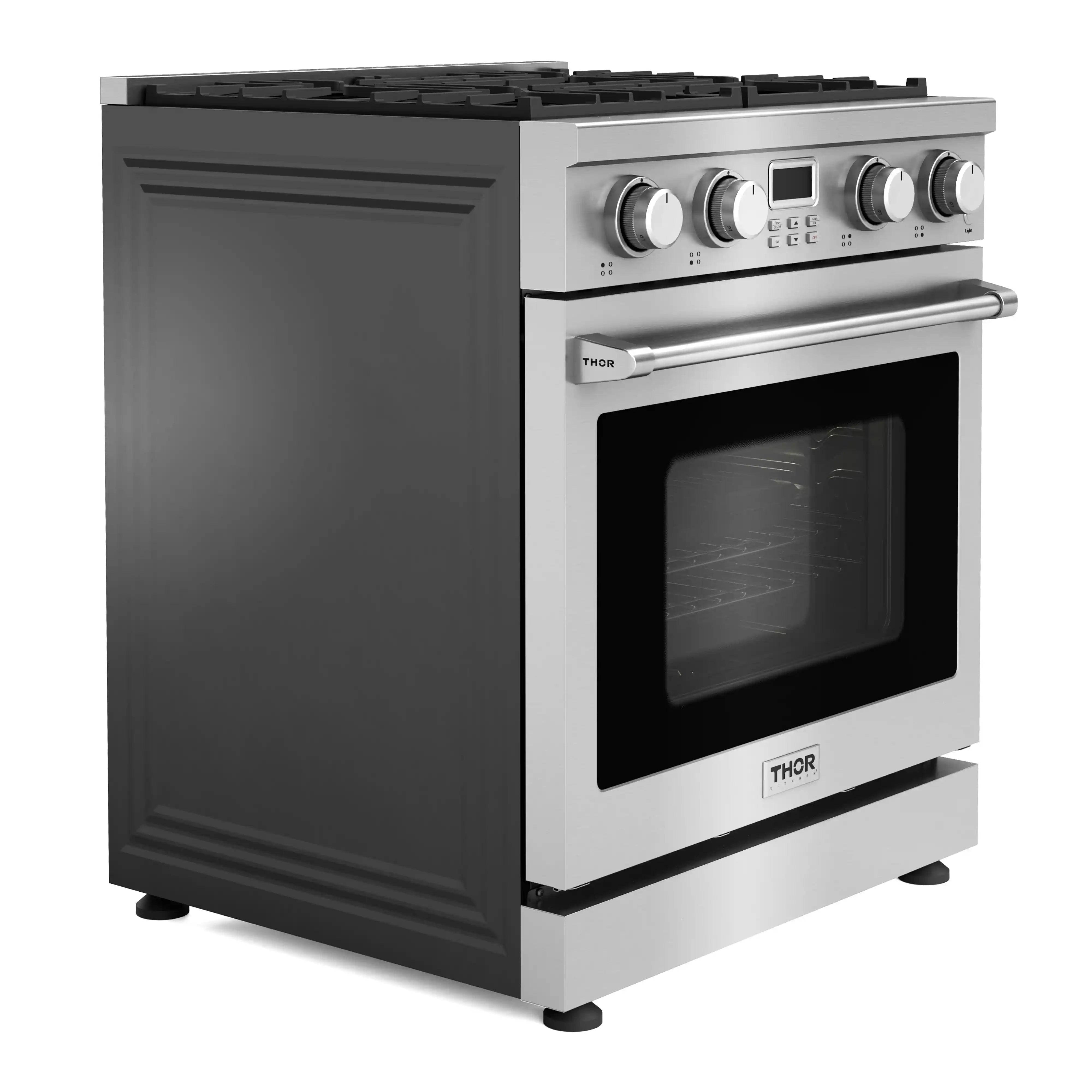 Stainless steel freestanding gas range with convection oven, side angle view