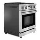 Stainless steel freestanding gas range with convection oven, side angle view