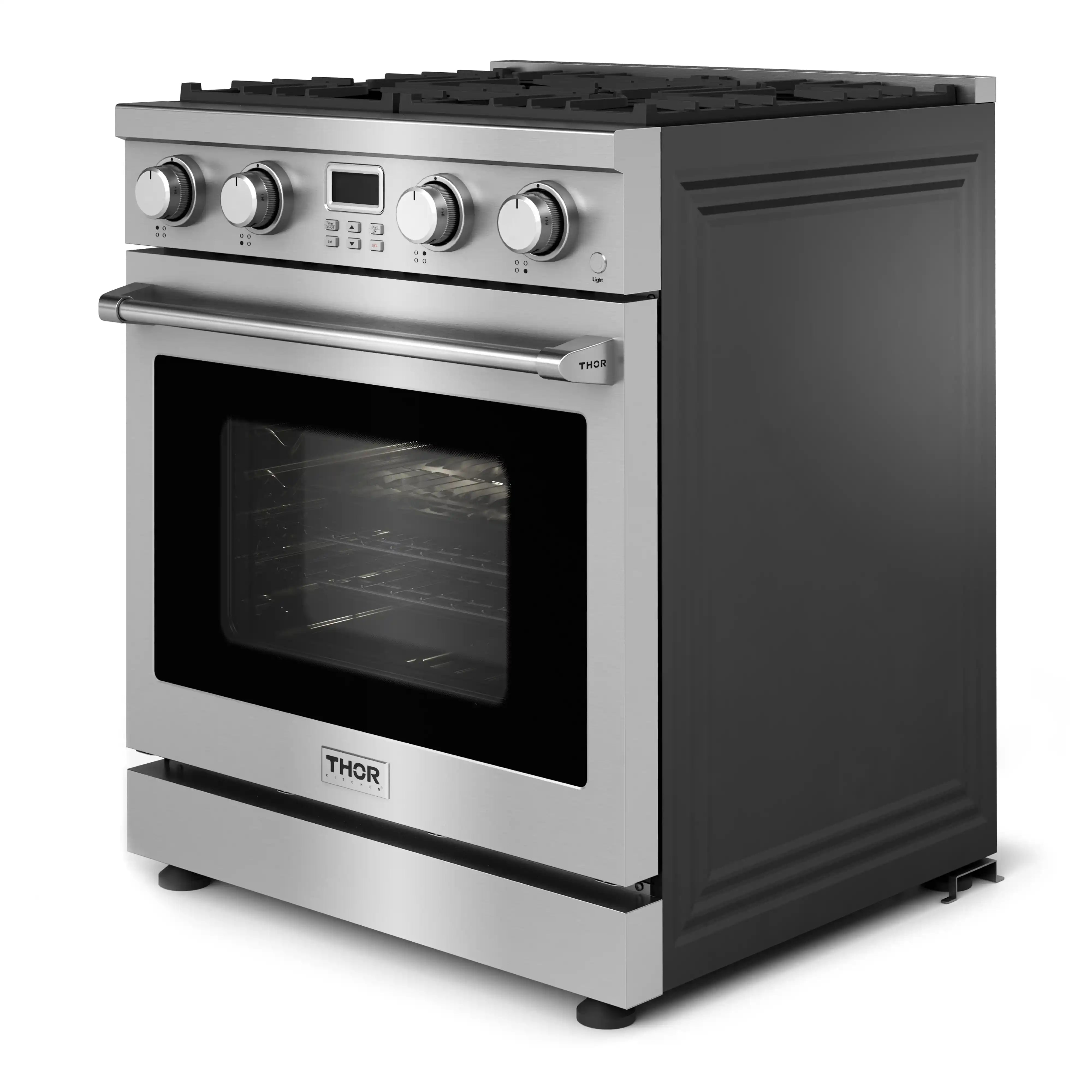 Stainless steel freestanding gas range with convection oven, closed oven door and knobs