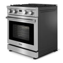 Stainless steel freestanding gas range with convection oven, closed oven door and knobs