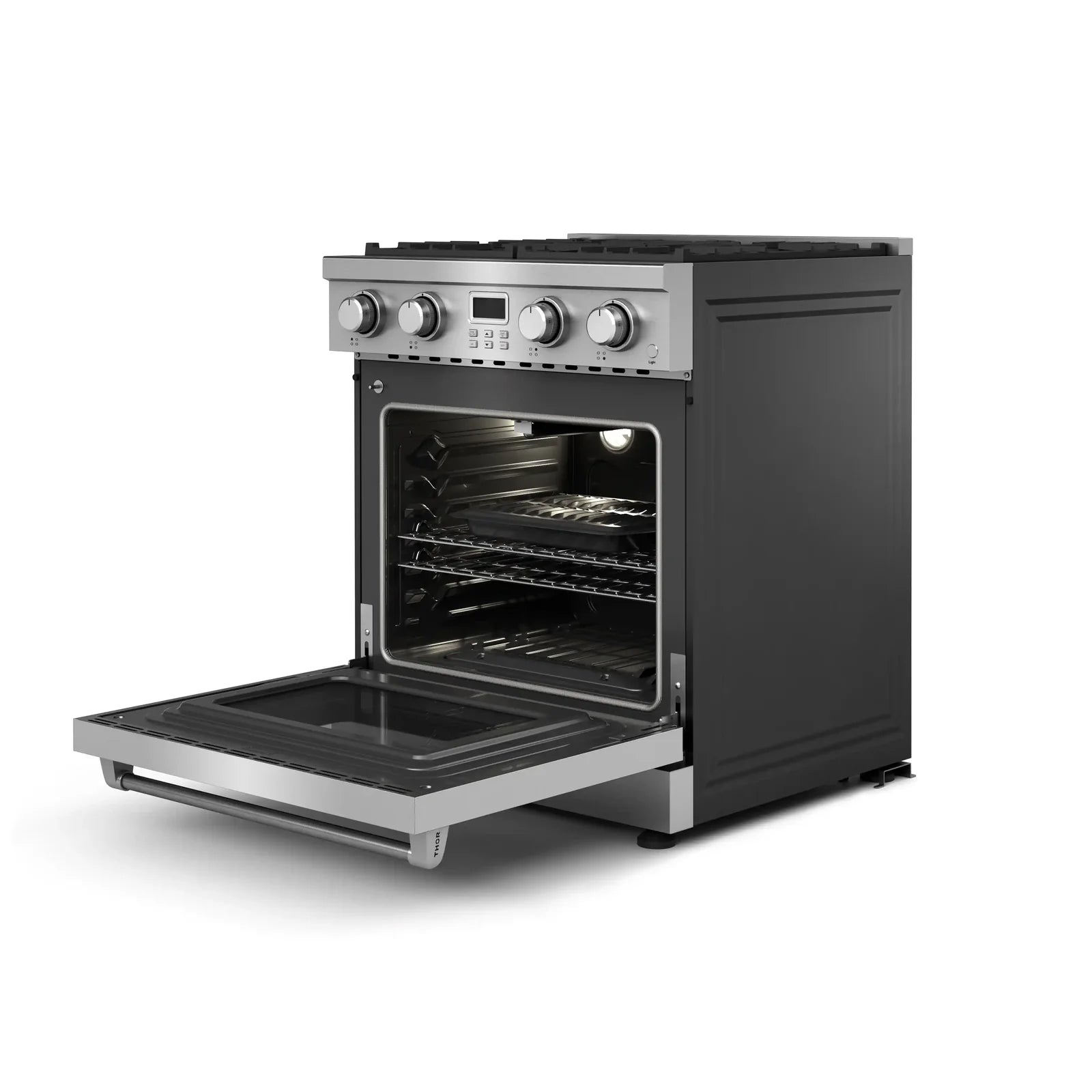 Stainless steel gas range with open oven door and stovetop burners