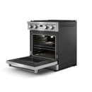 Stainless steel freestanding gas range with convection oven, open oven door