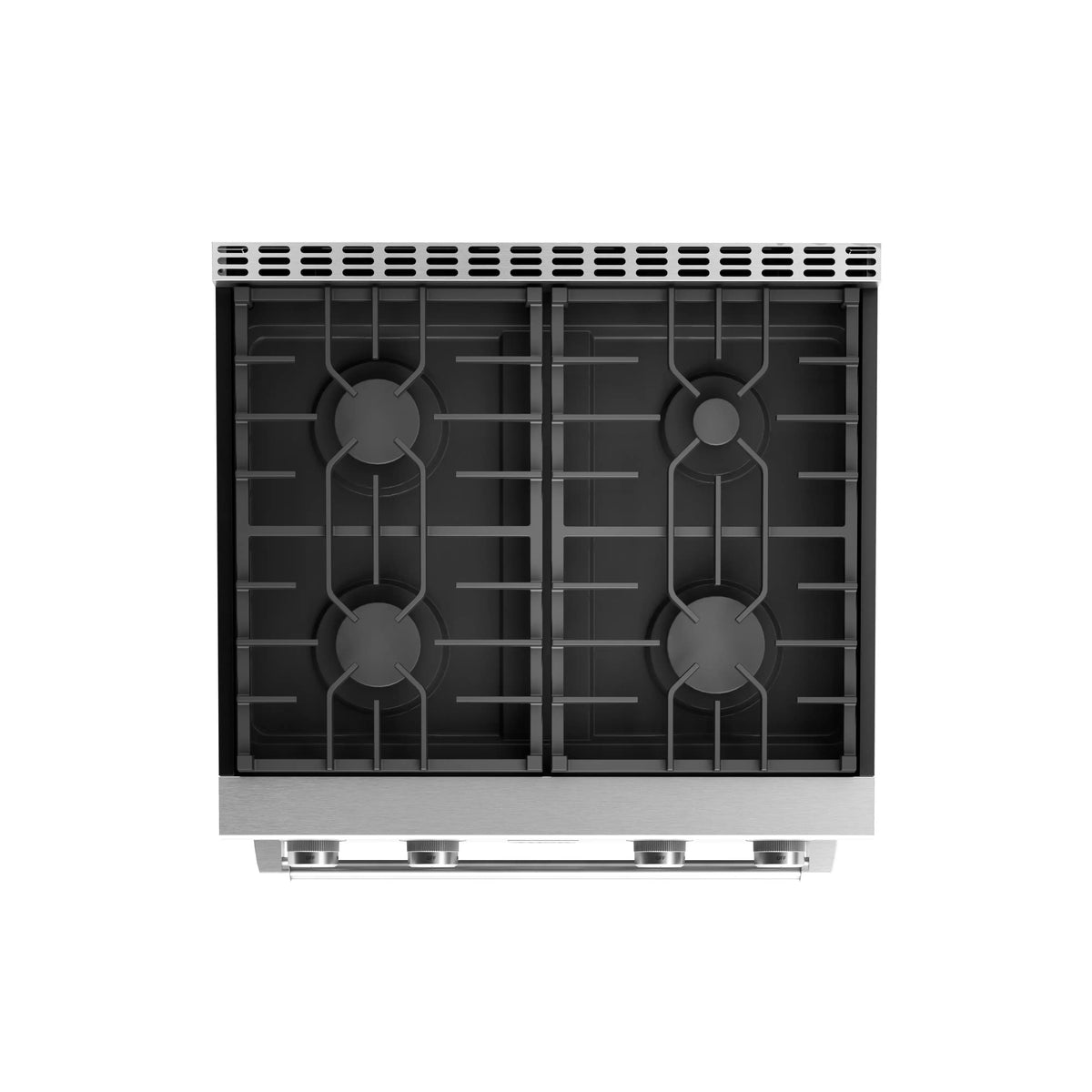 Stainless steel range burner grates and cooktop controls from above