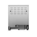 Back view of a stainless steel freestanding gas range with vent and access panel
