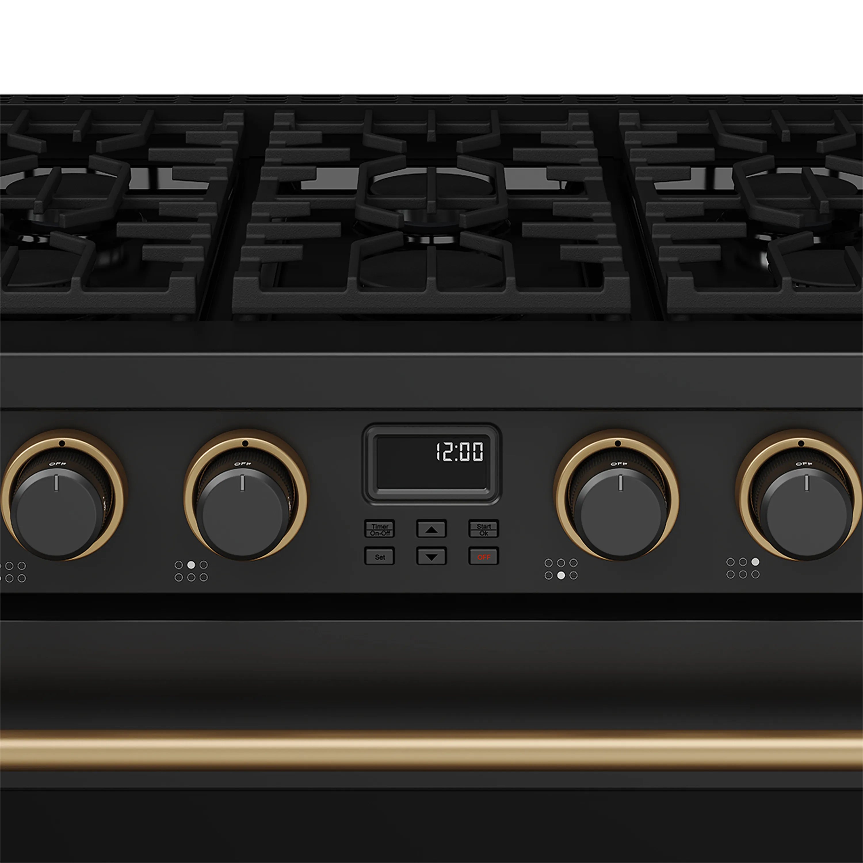 Black cooktop control panel with bronze knobs and 12:00 display