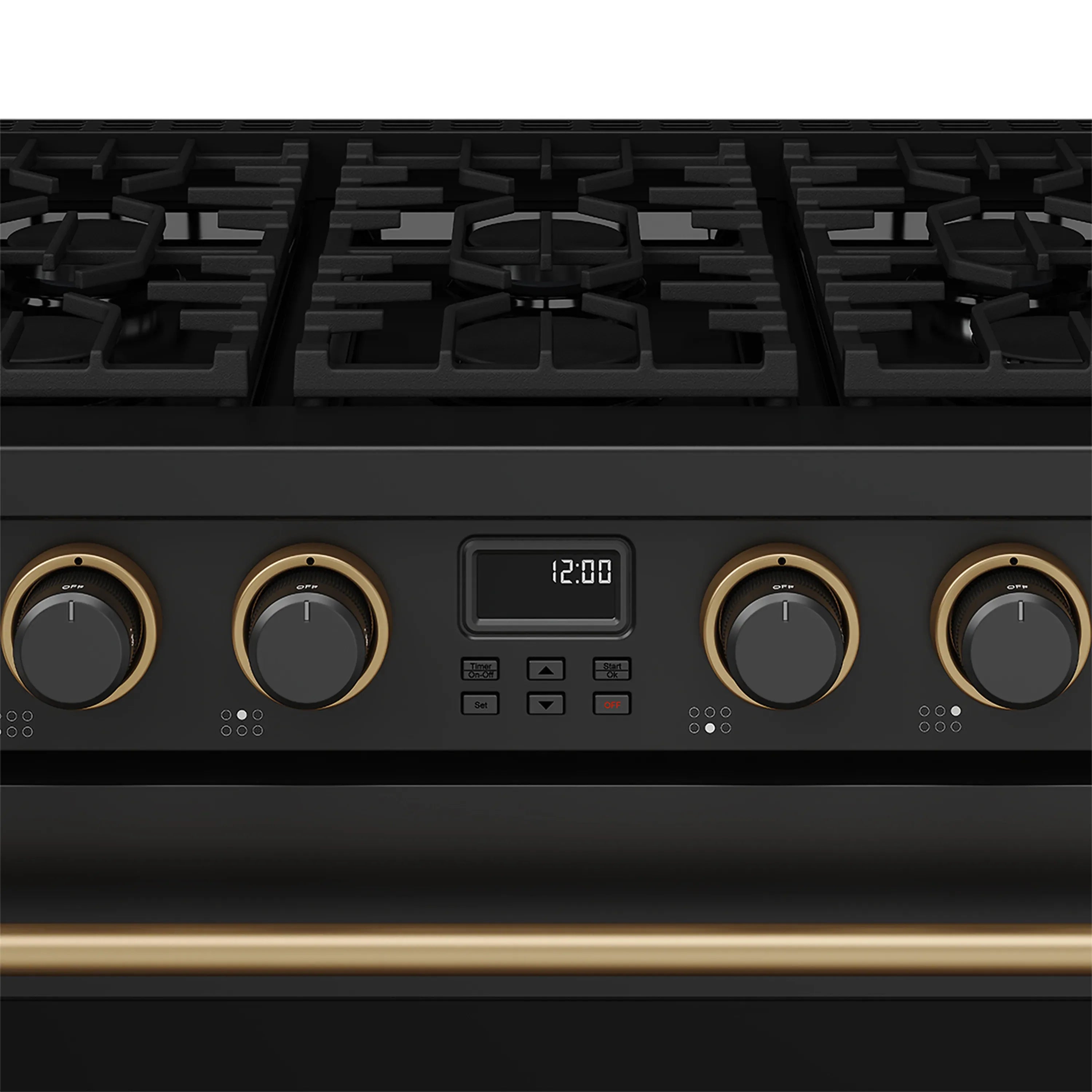 Black gas range control panel with bronze knobs and 12:00 display