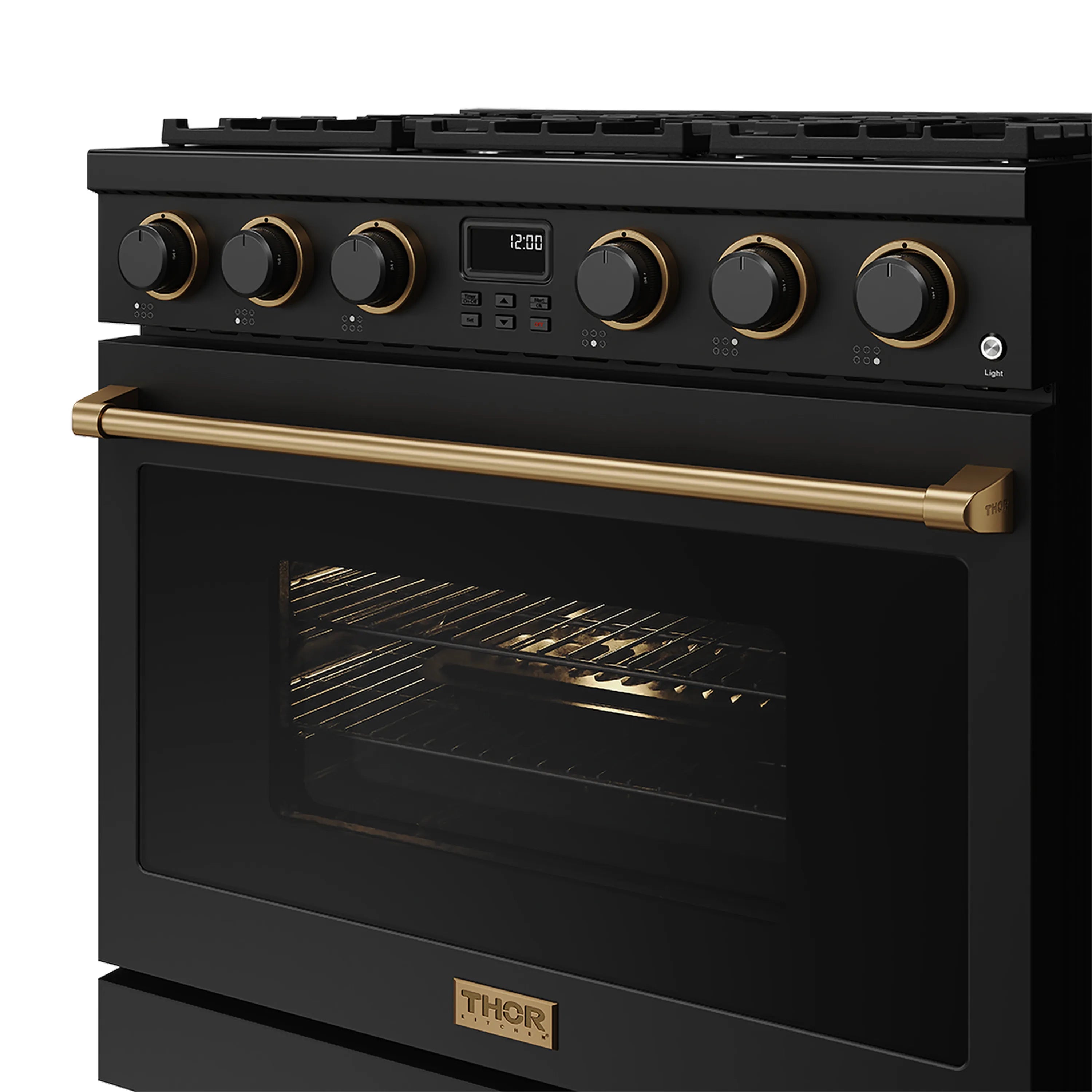 Black 36-inch gas range with open oven door and bronze handle