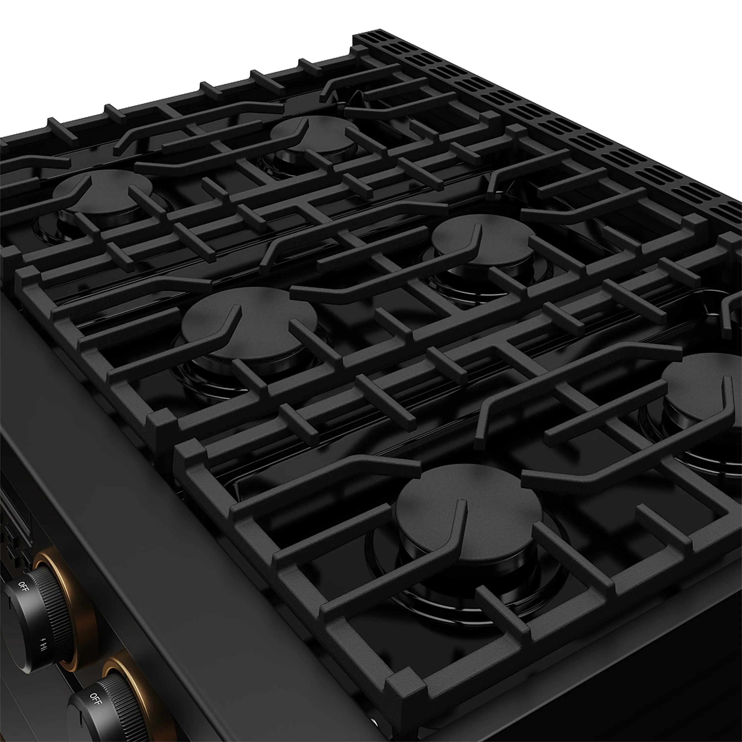 Black cast-iron burner grates on gas range cooktop with knob controls