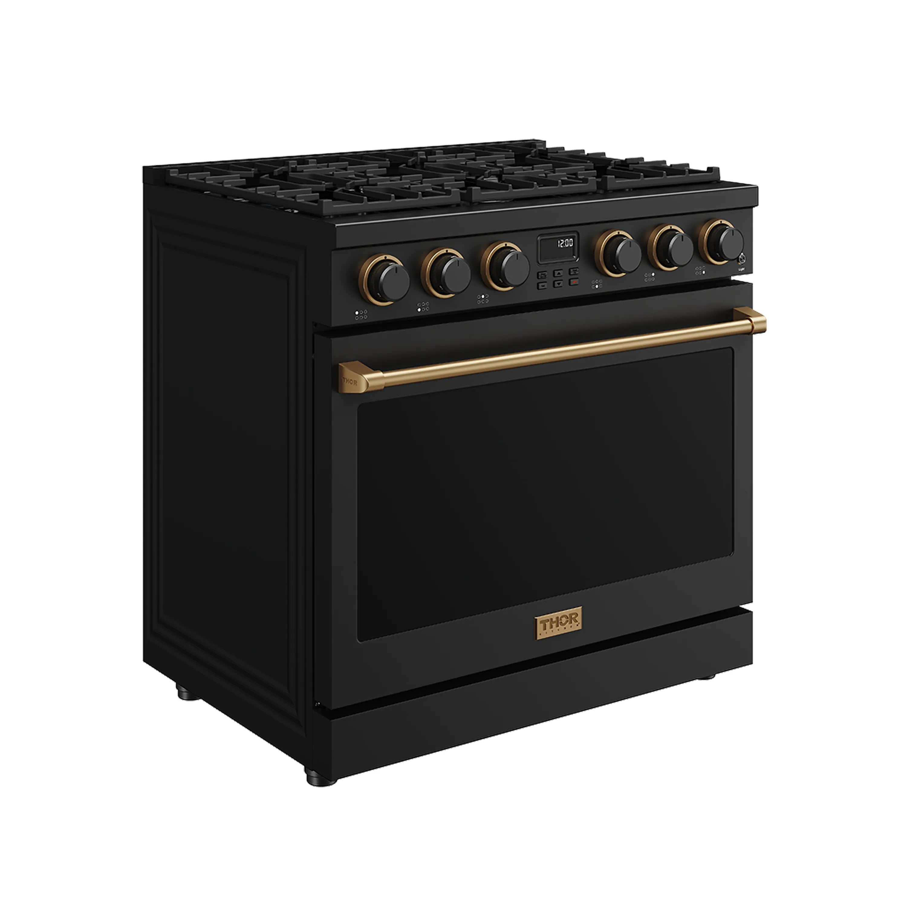 Black gas range with bronze handle and control knobs on the cooktop