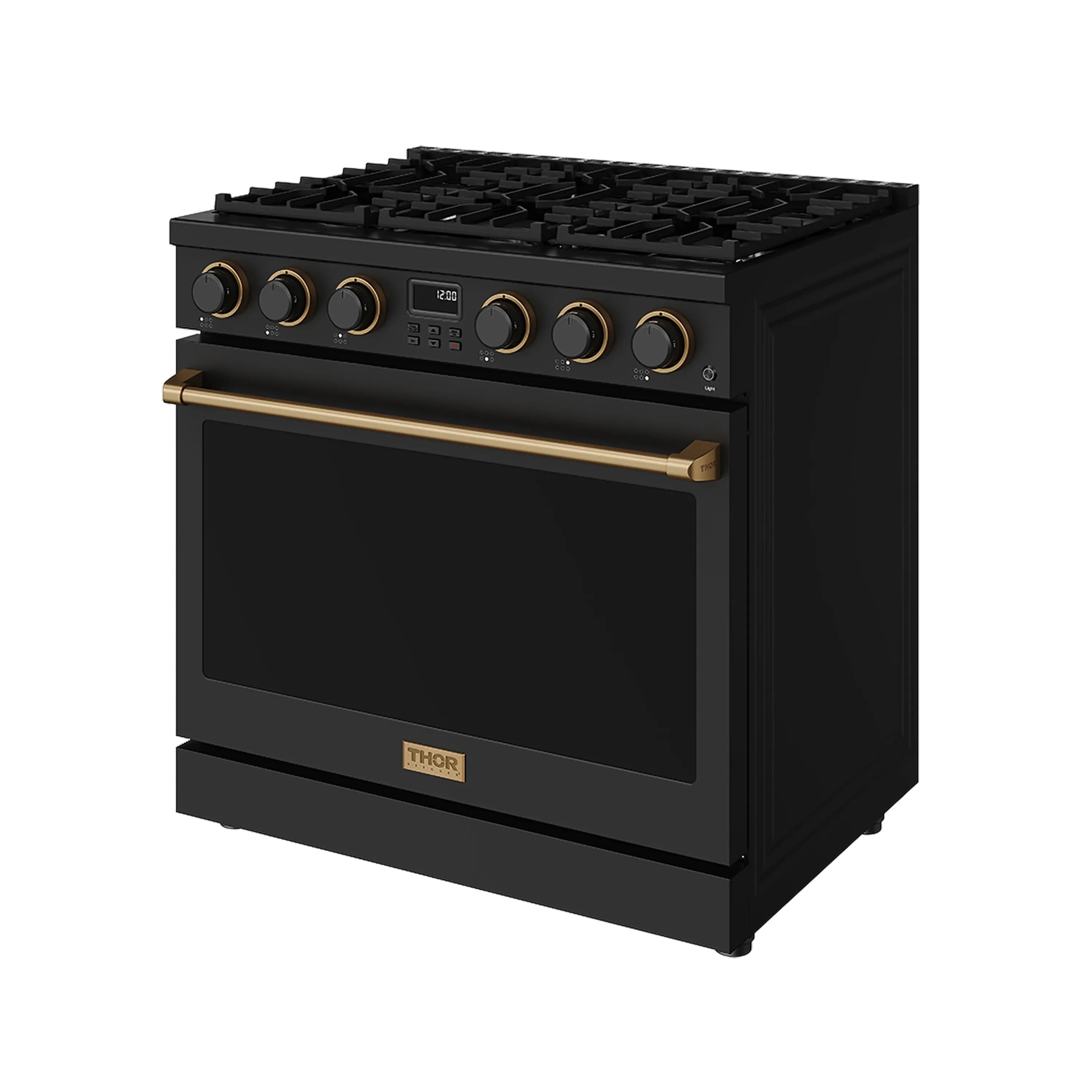 Black gas range with open front, bronze bar handle, and glass oven window