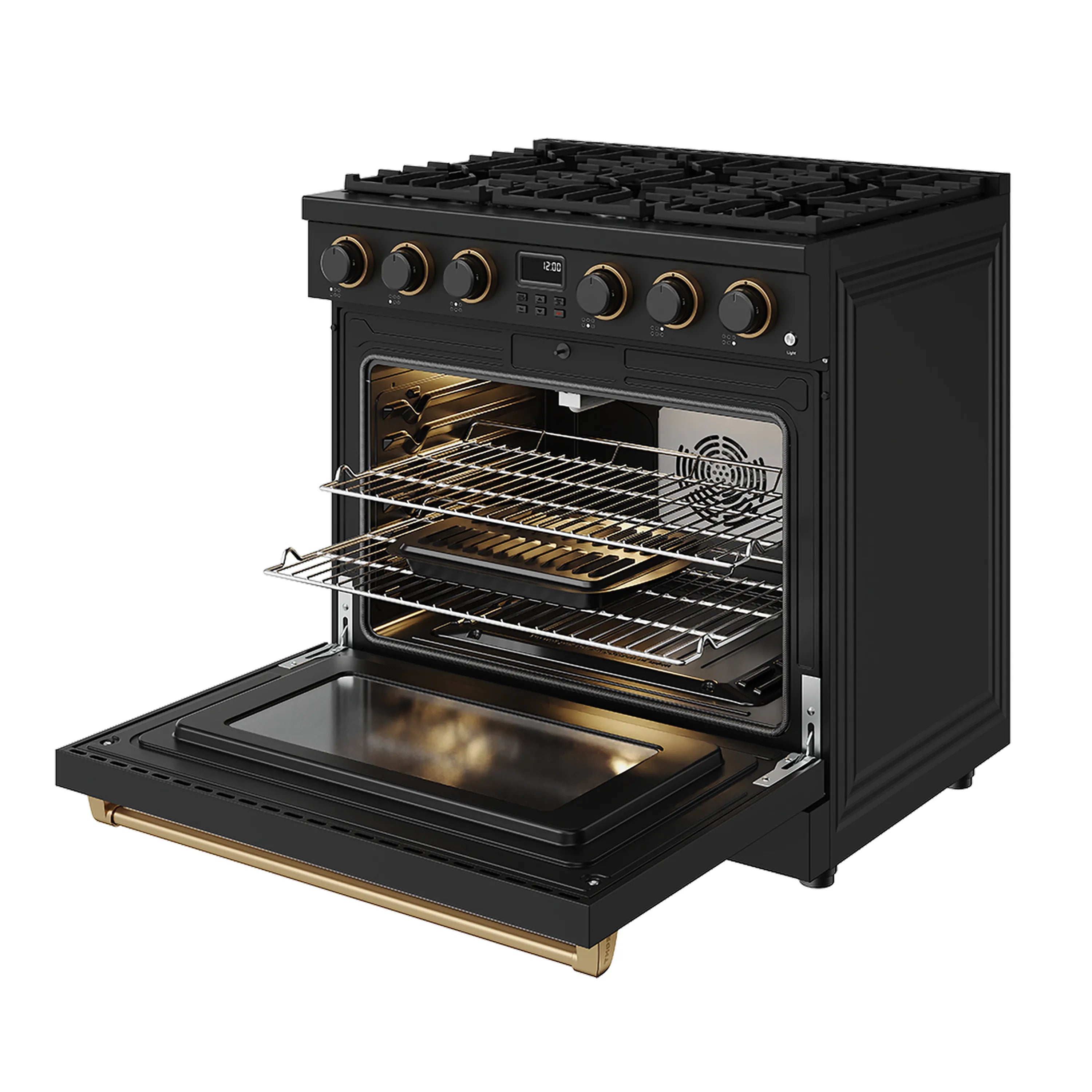 Black gas range with open oven door, wire racks, and visible interior fan