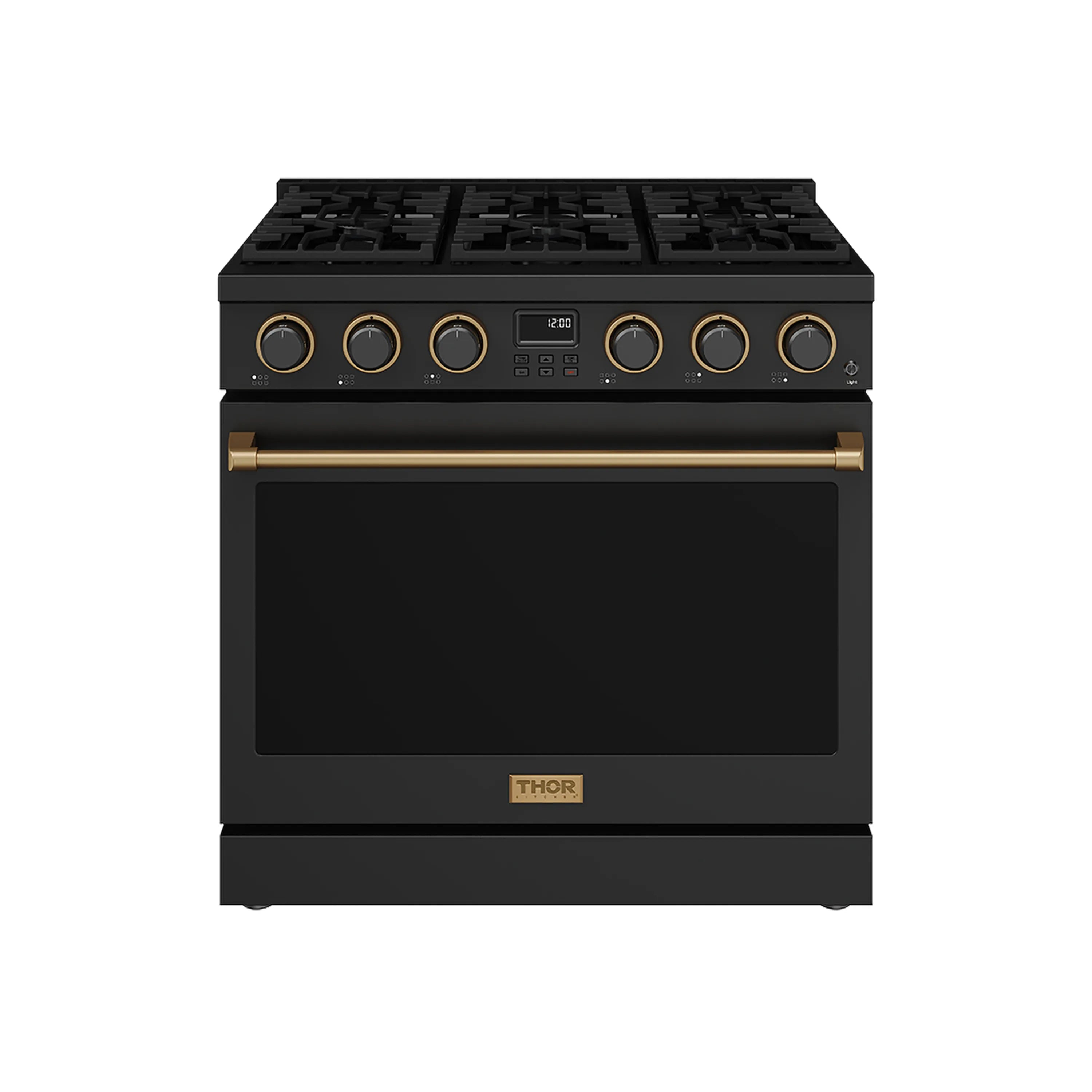 Black gas range with six burners, bronze knobs, and large oven door