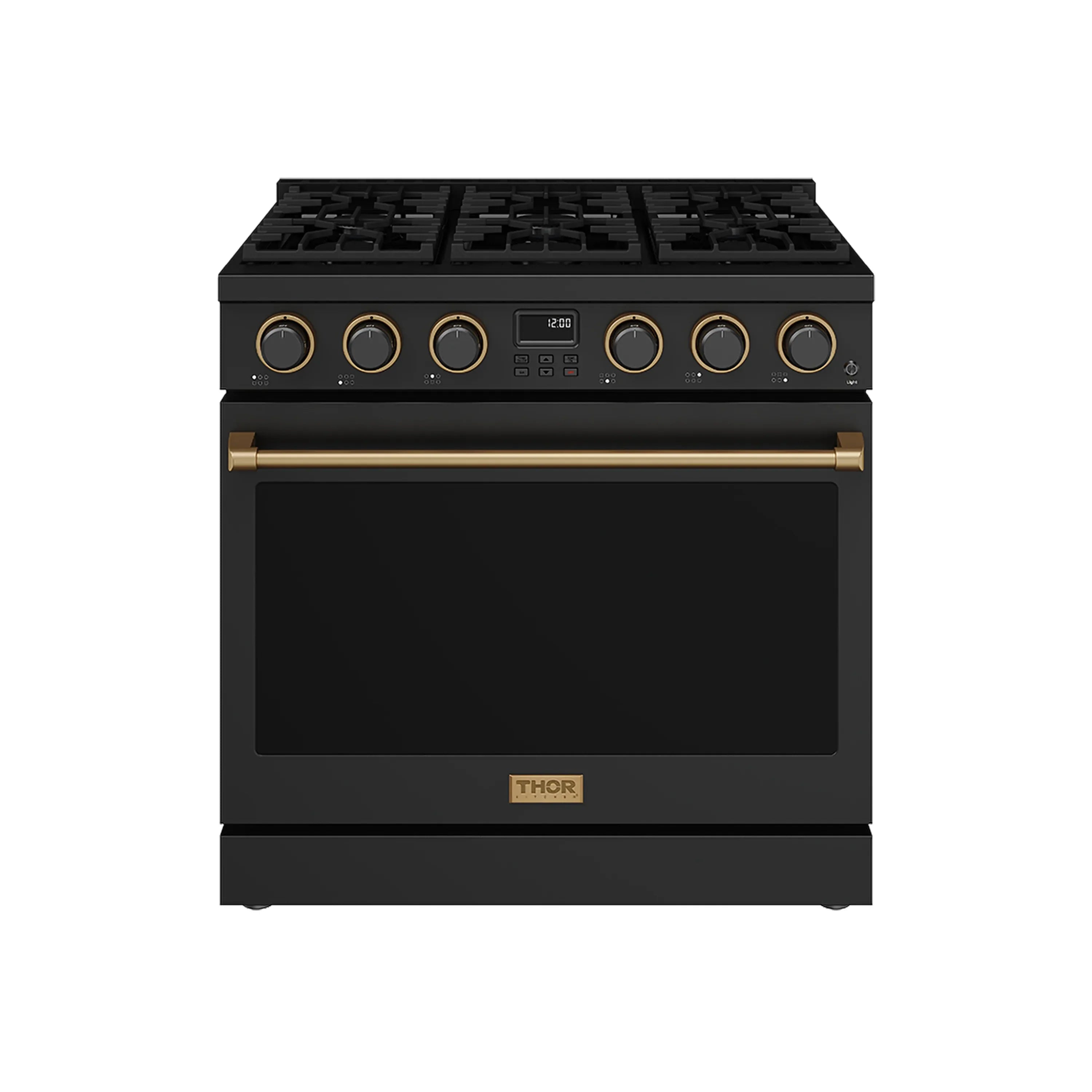 Black propane gas range with bronze control knobs and oven door