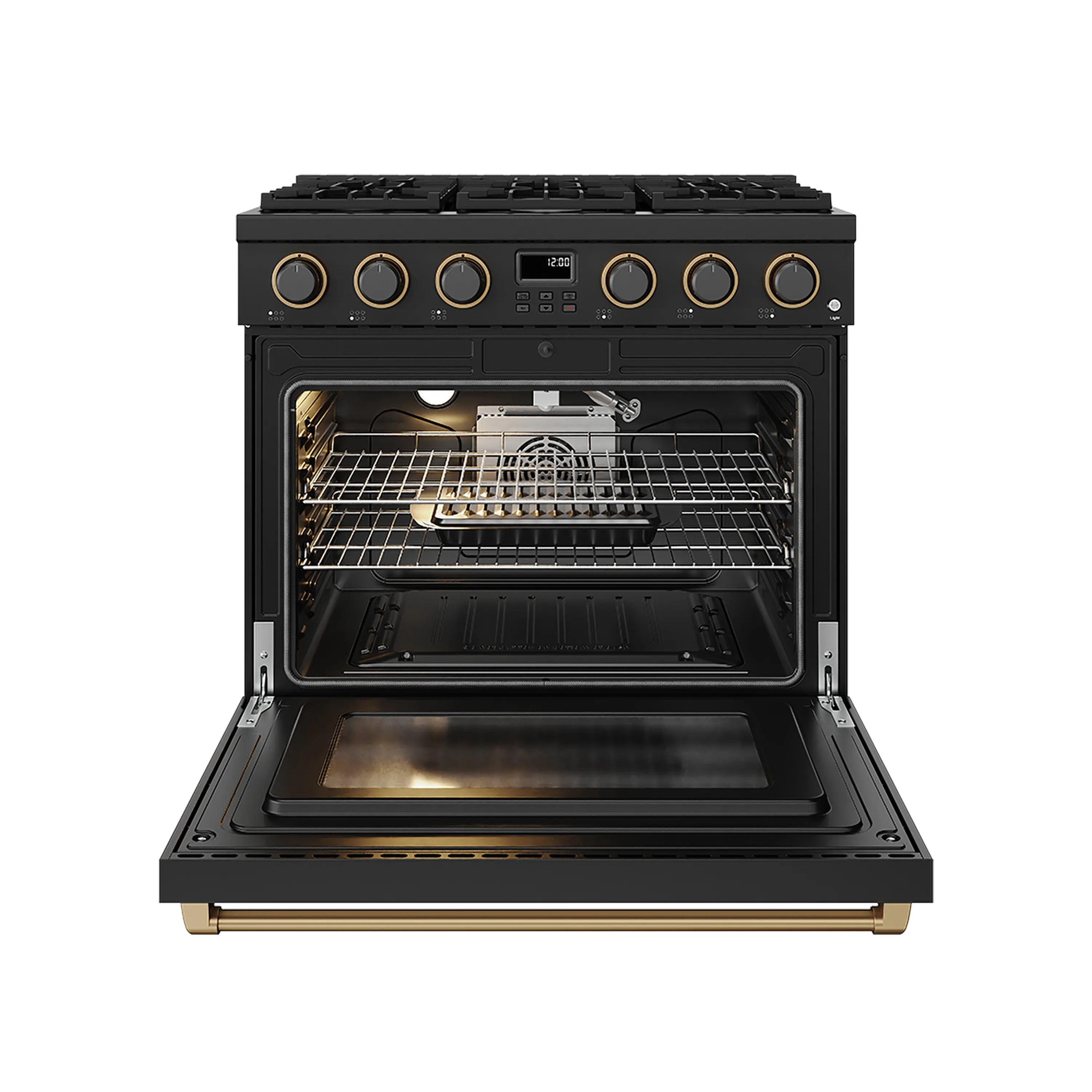 Black gas range oven door open with racks inside and bronze edge trim