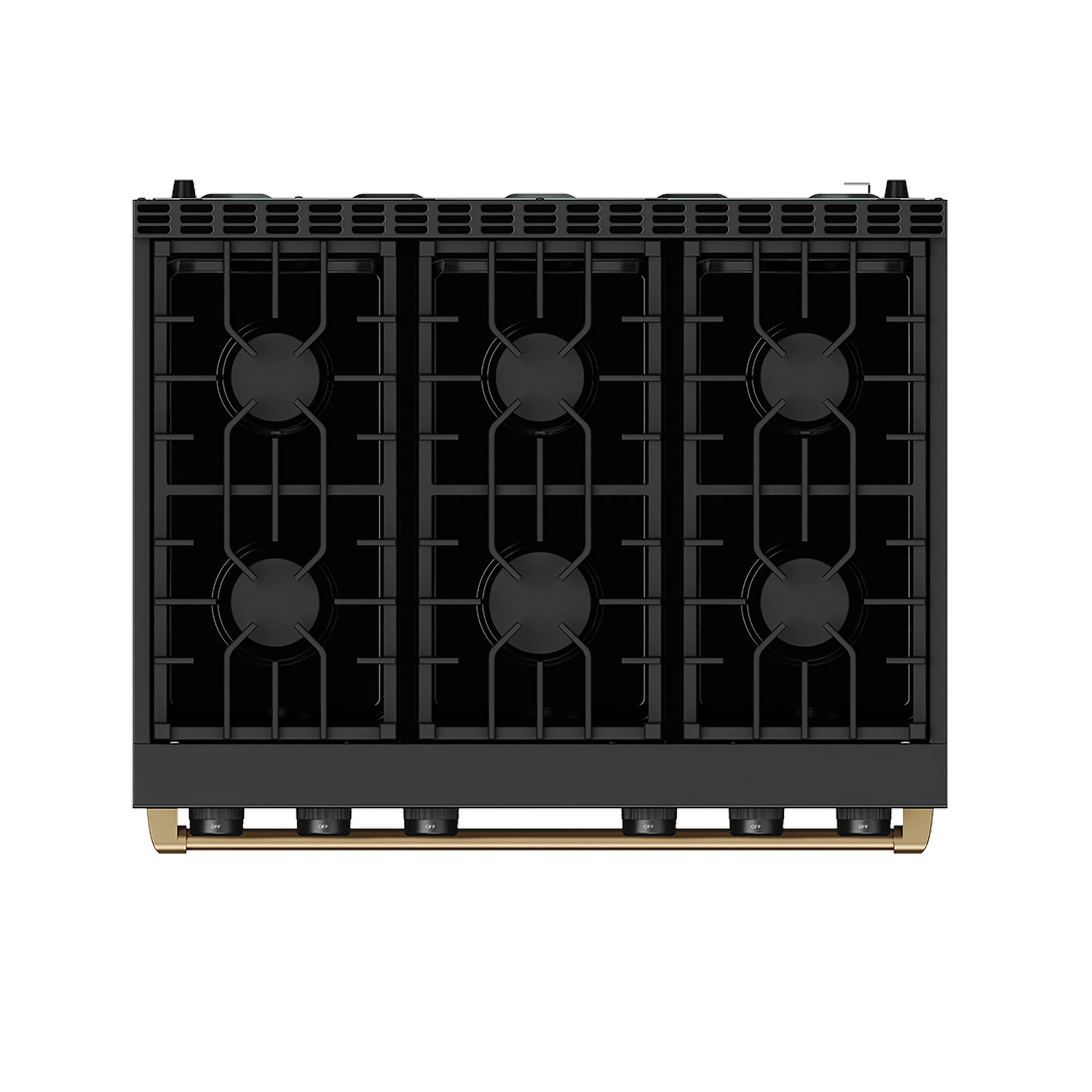 Black six-burner gas cooktop with cast grates and bronze base trim