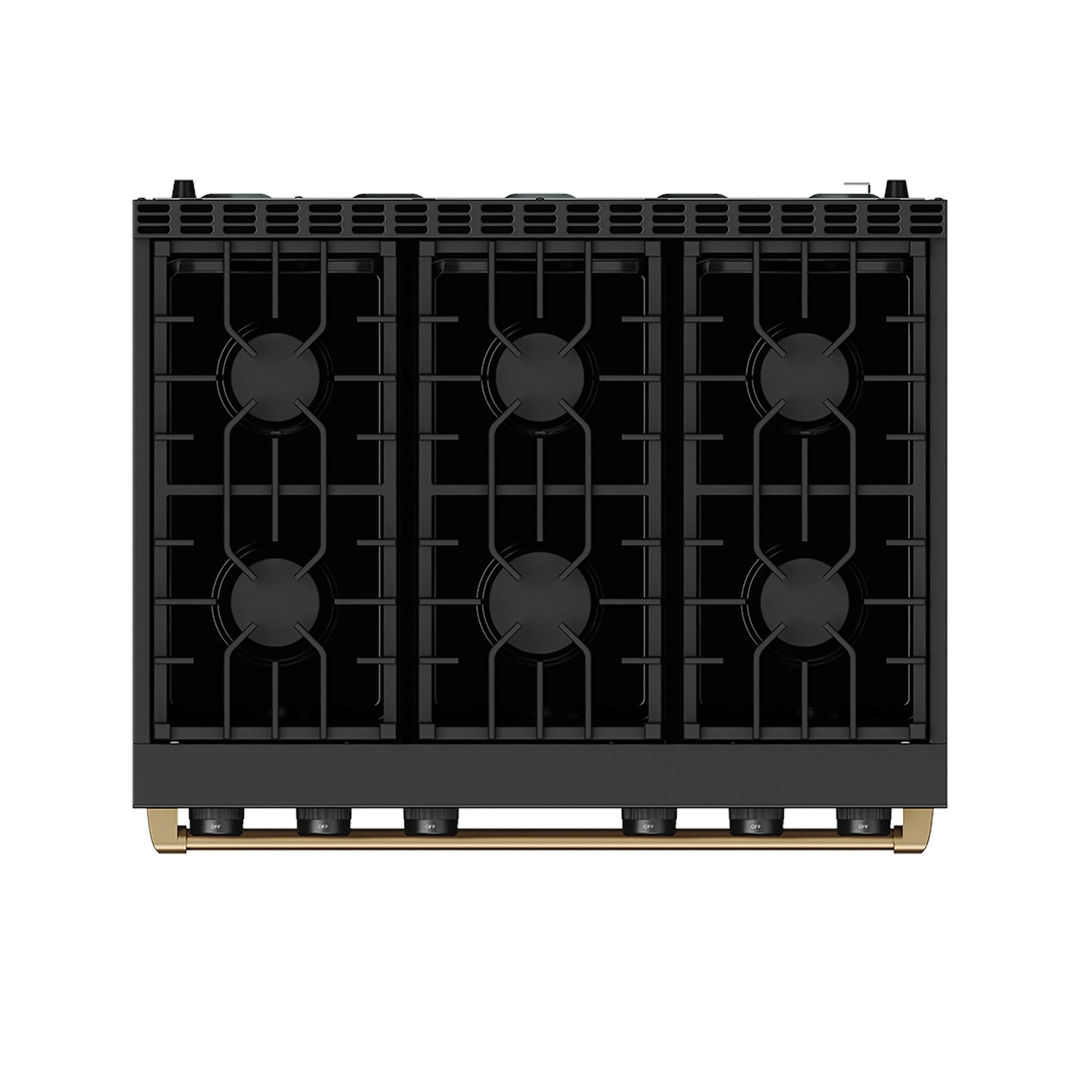 Gas range cooktop with six burner grates in black and bronze trim accents